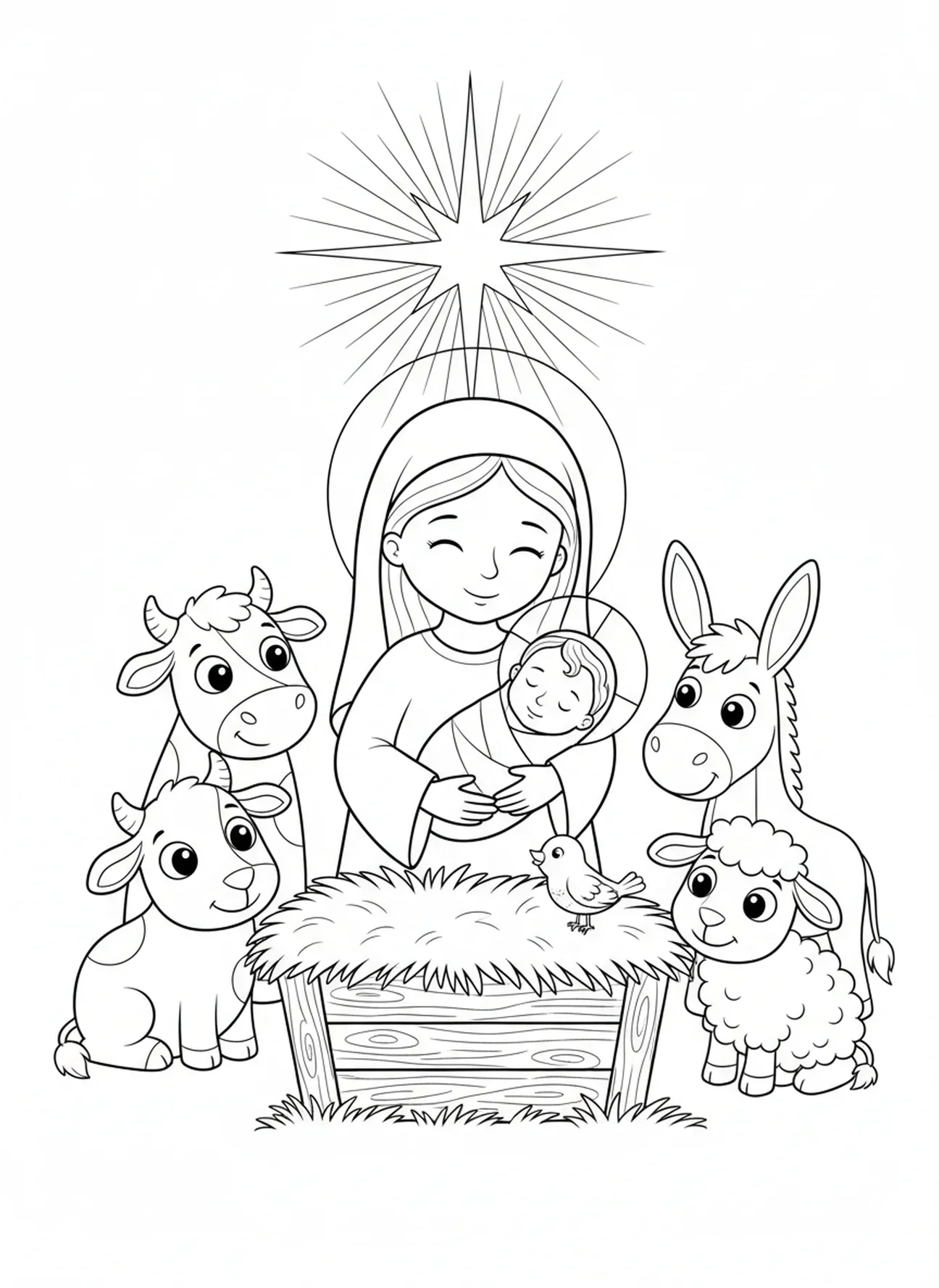 Marie tenant l'enfant Jésus dans la crèche, coloriage de Marie et de l'âne à Bethléem pour les enfants de 5 à 10 ans
