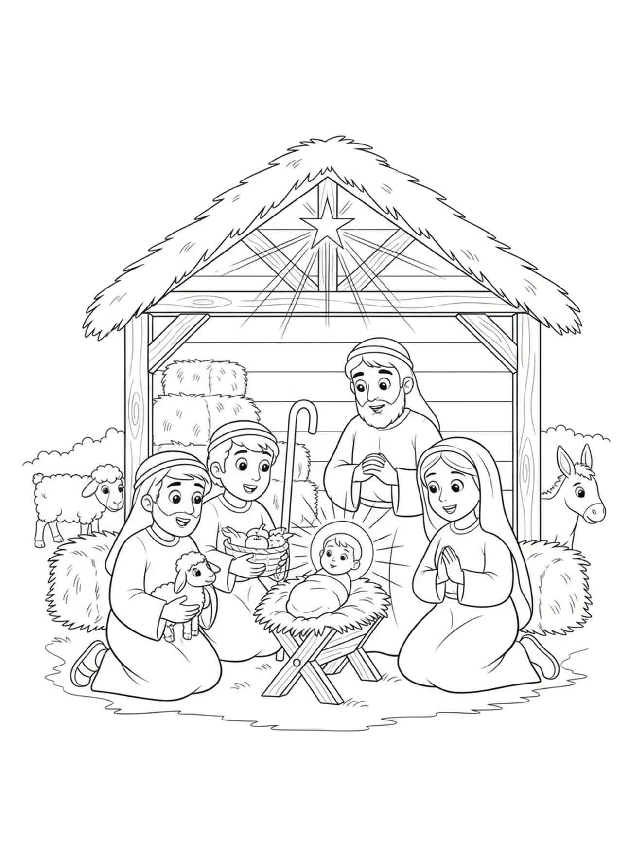 Bergers visitant la crèche, Marie et l'âne à Bethléem, page à colorier pour enfants de 5 à 10 ans