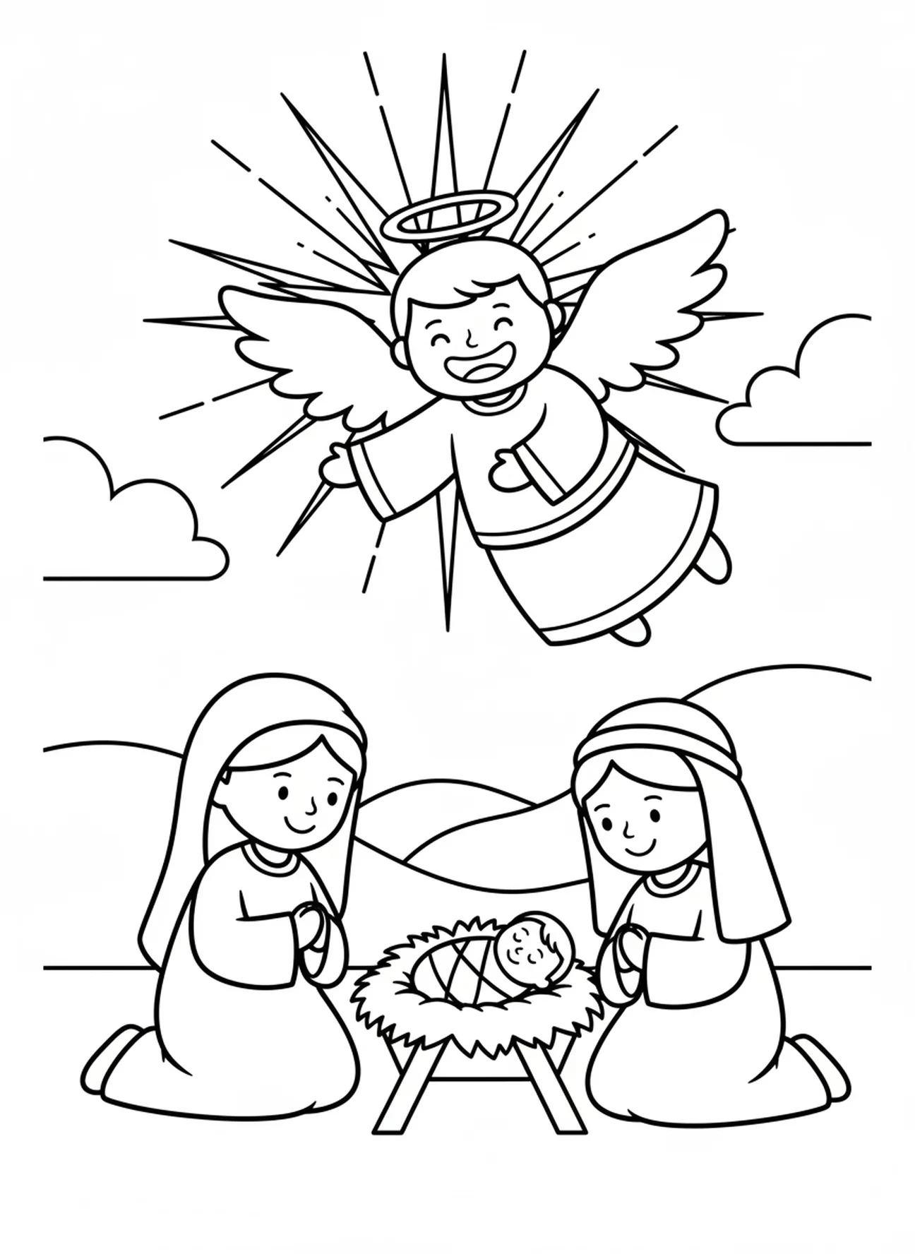 Anjo sorridente acima de Maria, página para colorir de Maria e o jumento em Belém para crianças de 3 a 5 anos