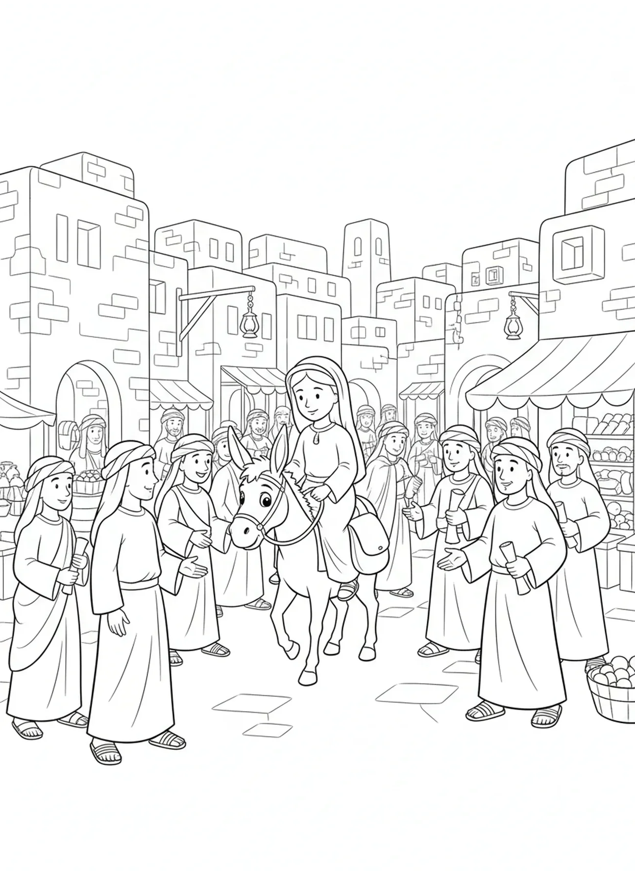Maria en ezel aankomen, Maria Ezel Bethlehem kleurplaat voor Zondagsschool kinderen van 5-12 jaar.
