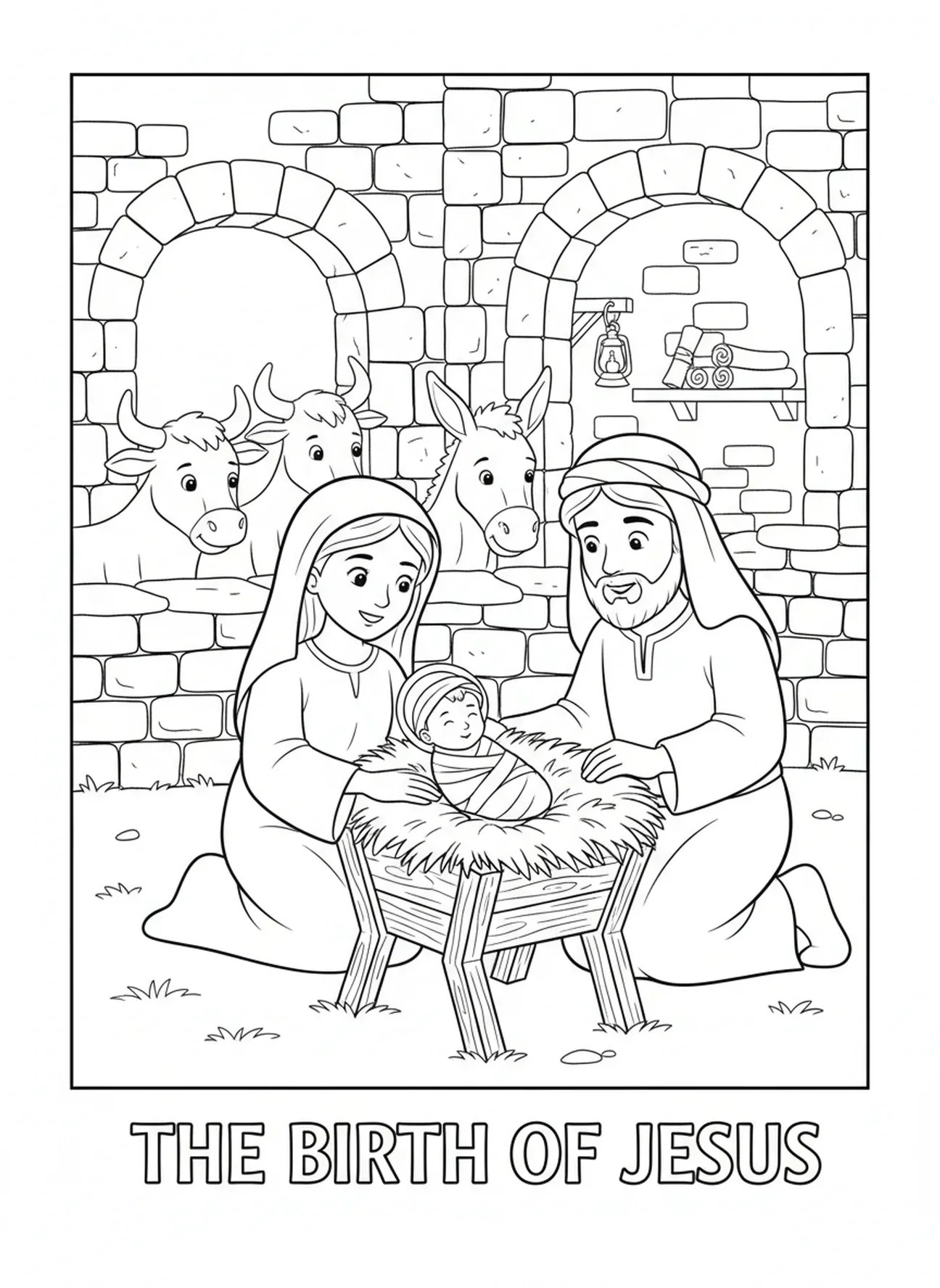 Maria houdt de baby Jezus vast, kleurplaat van Maria, de ezel en Bethlehem voor Zondagsschoolkinderen van 5-12 jaar.