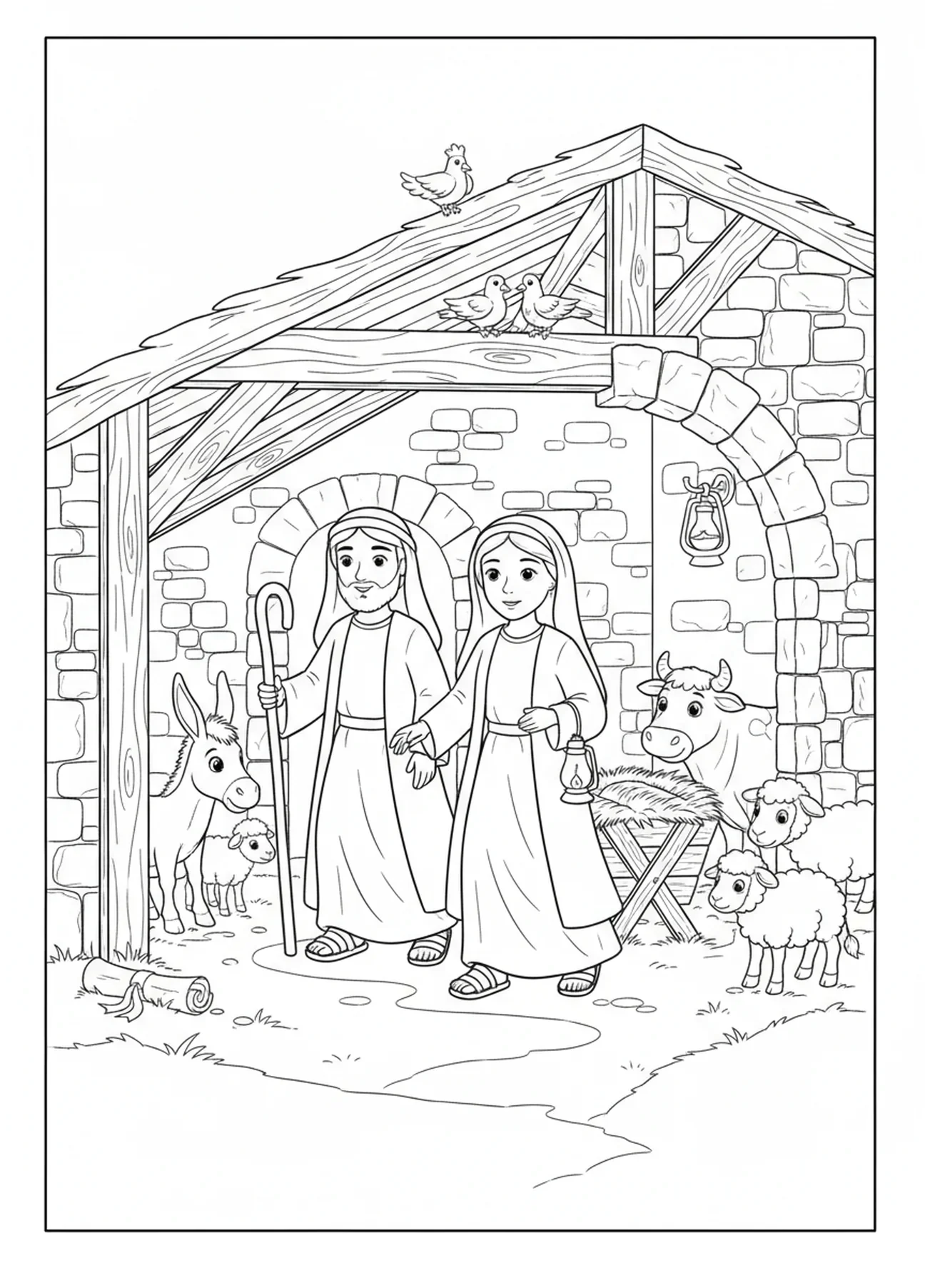 Maria en Jozef in een stal, Maria Ezel Bethlehem kleurplaat voor Zondagsschool kinderen van 5-12 jaar.