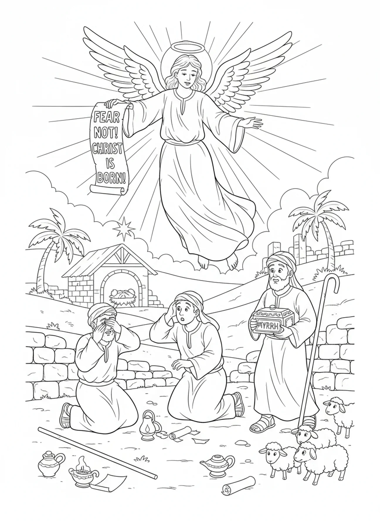 Anjo aparecendo para os pastores, página para colorir sobre a mirra para crianças da Escola Dominical de 5 a 12 anos.