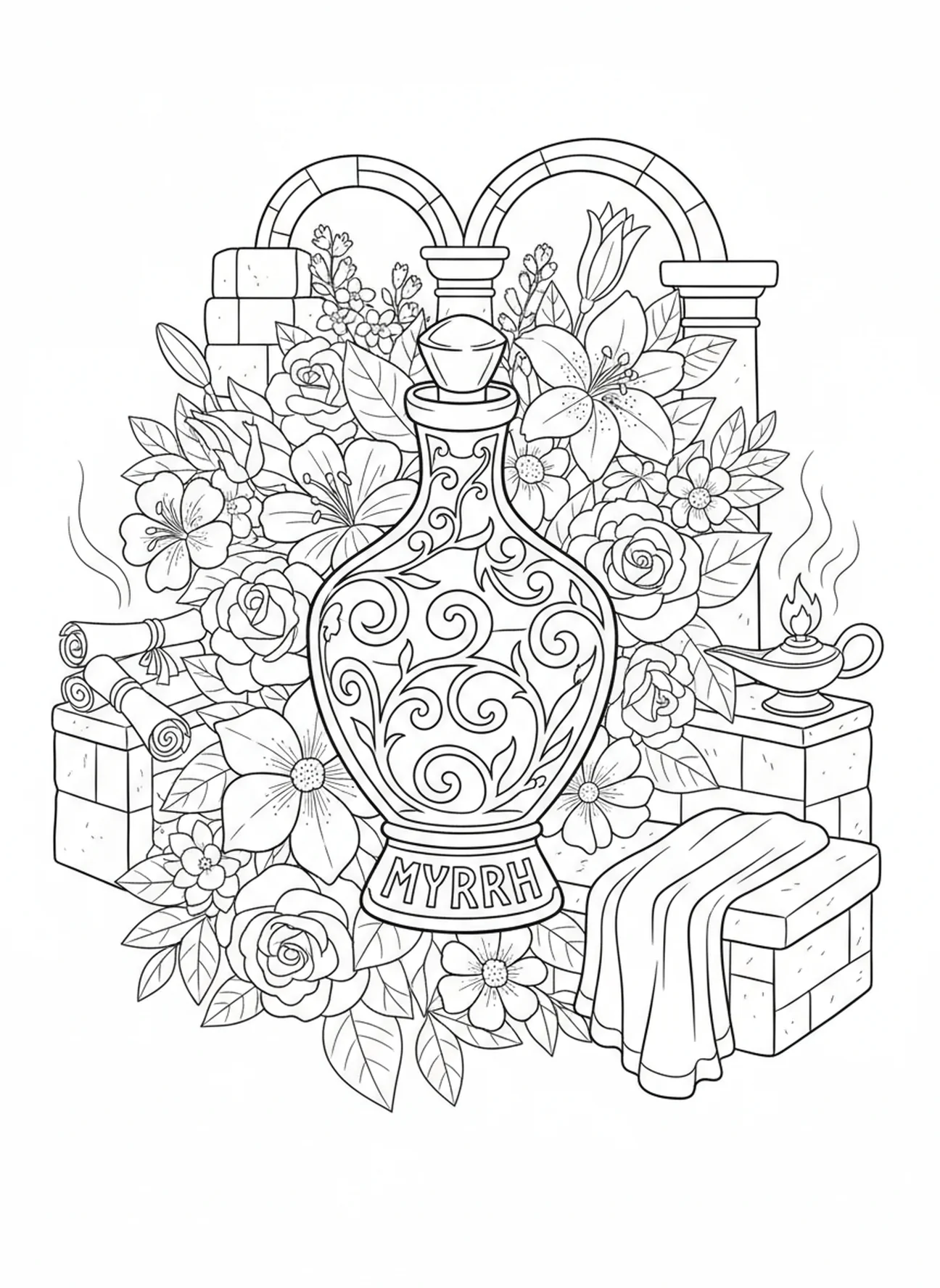 Frasco ornamentado de mirra, página para colorir de mirra para crianças da Escola Dominical de 5 a 12 anos.