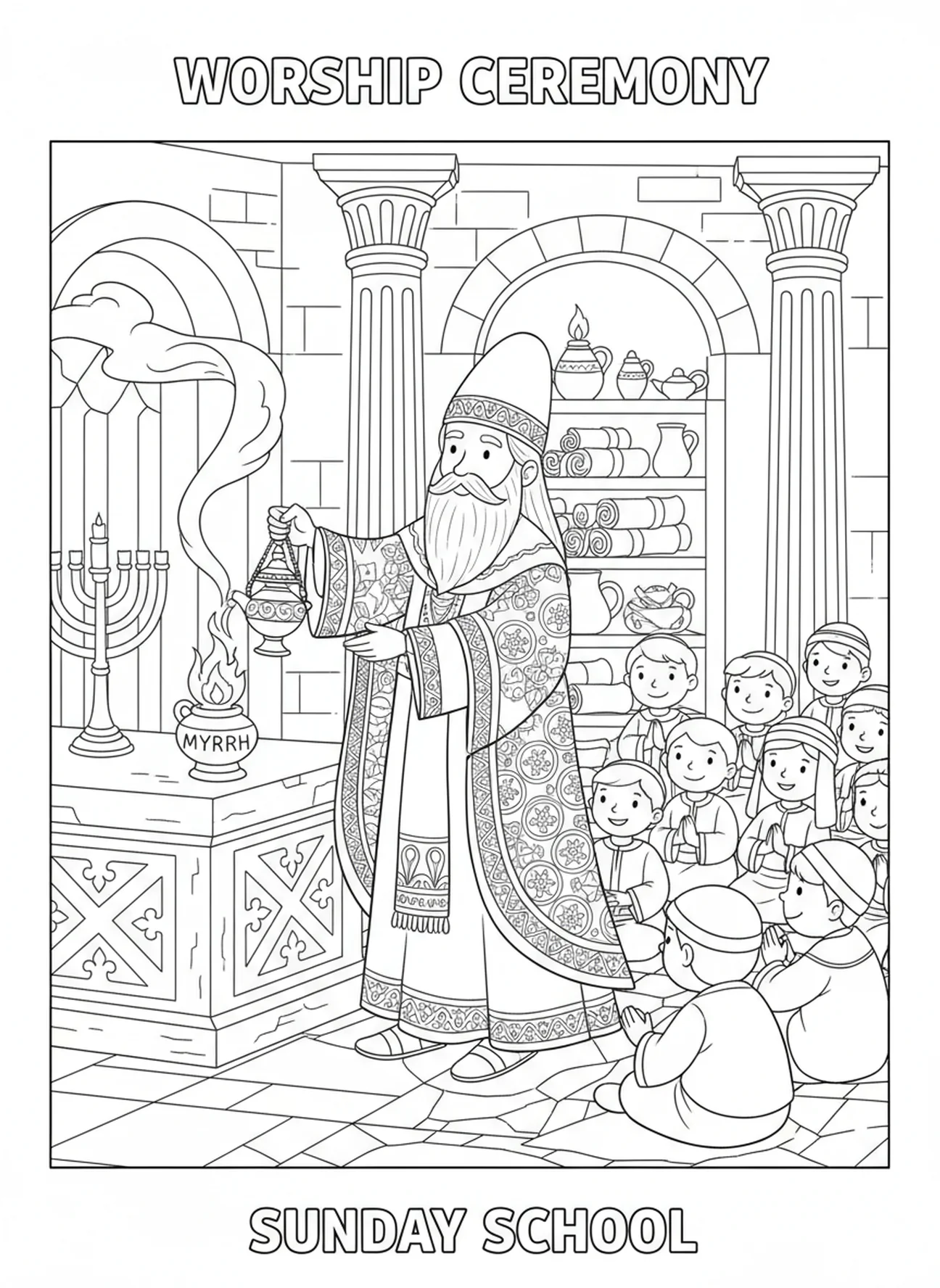 Sacerdote com mirra em adoração, página de colorir sobre mirra para crianças da Escola Dominical de 5 a 12 anos.