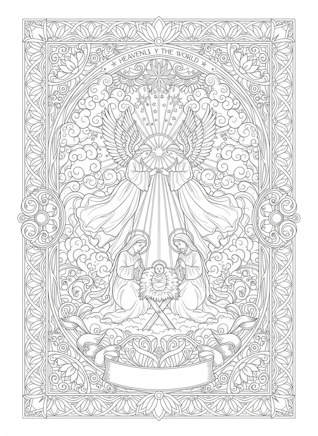 Engel verehren das Christkind, Ausmalbild zur Geburt Jesu für Erwachsene im Bibel-Journaling-Stil.