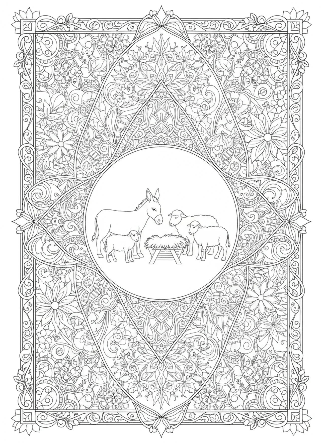 Tiere um die Krippe, Ausmalbild von dem neugeborenen Jesus in der Krippe für Erwachsene im Stil des Bibel-Journaling.