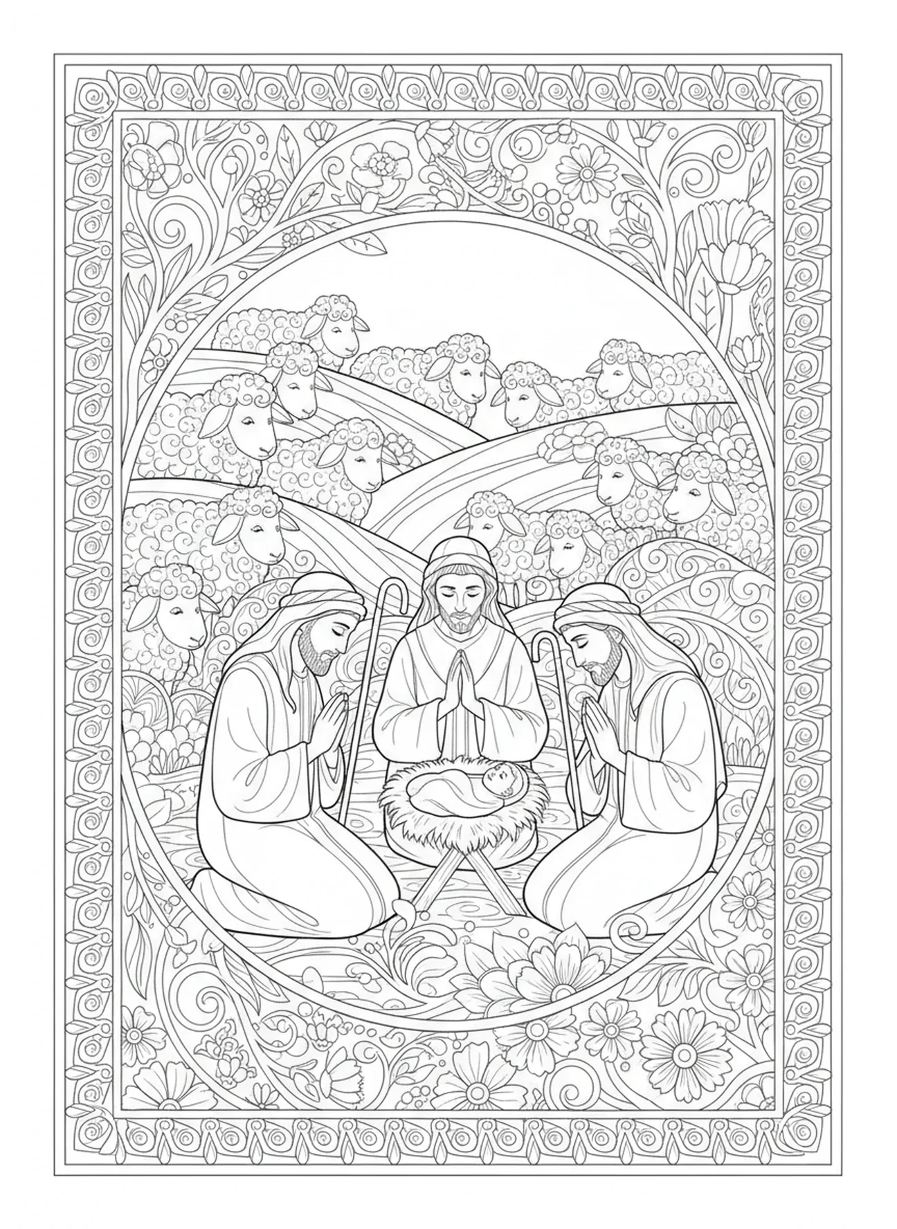 Hirten, die das Wunder erleben, Ausmalbild von der Geburt Jesu im Stall für Erwachsene im Bibel-Journaling-Stil.