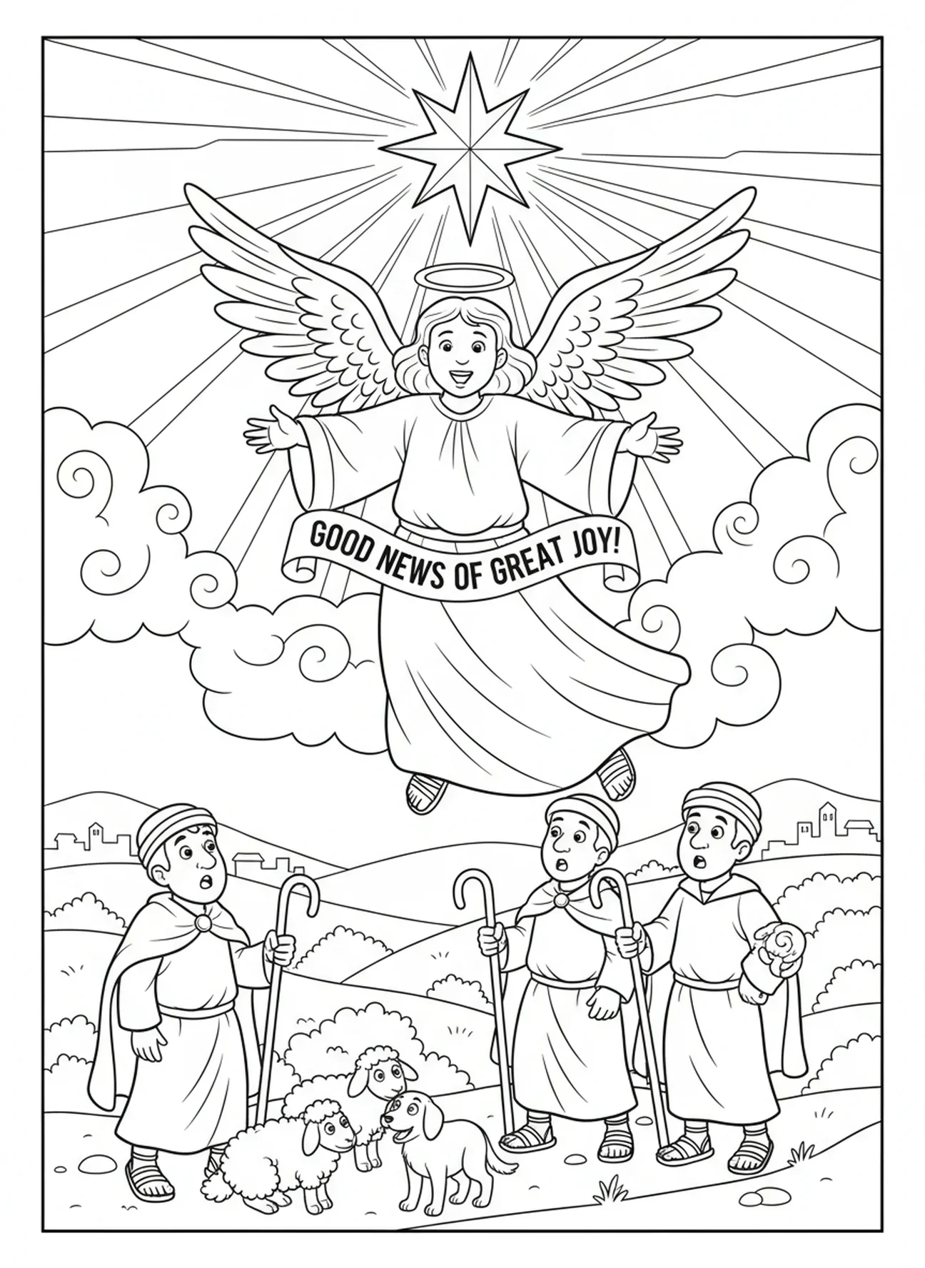 Engel erscheint den Hirten, Ausmalbild zur Geburt Jesu in der Krippe für Kinder im Alter von 5-10 Jahren