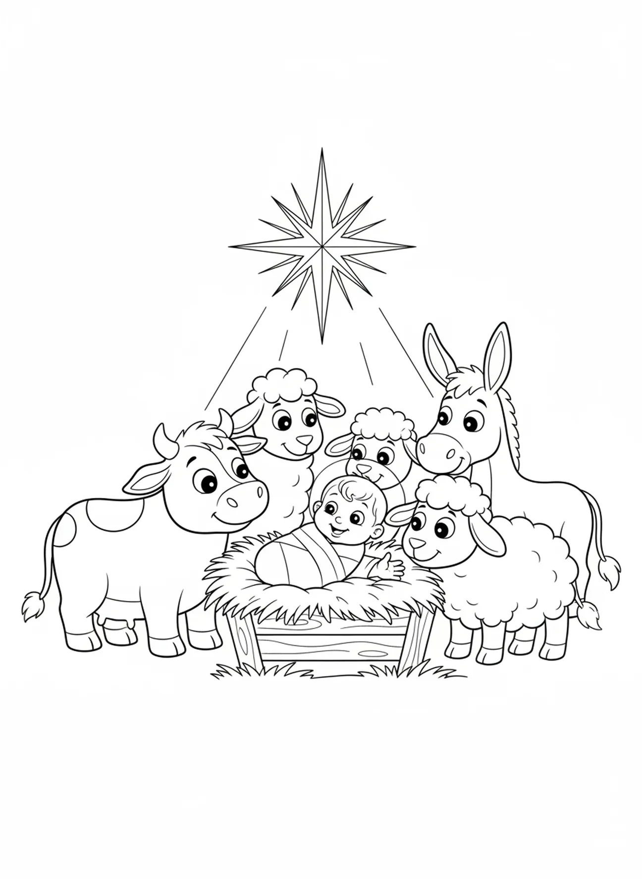 Tiere um die Krippe, Ausmalbild von dem neugeborenen Jesuskind in der Krippe für Kinder im Alter von 5-10 Jahren