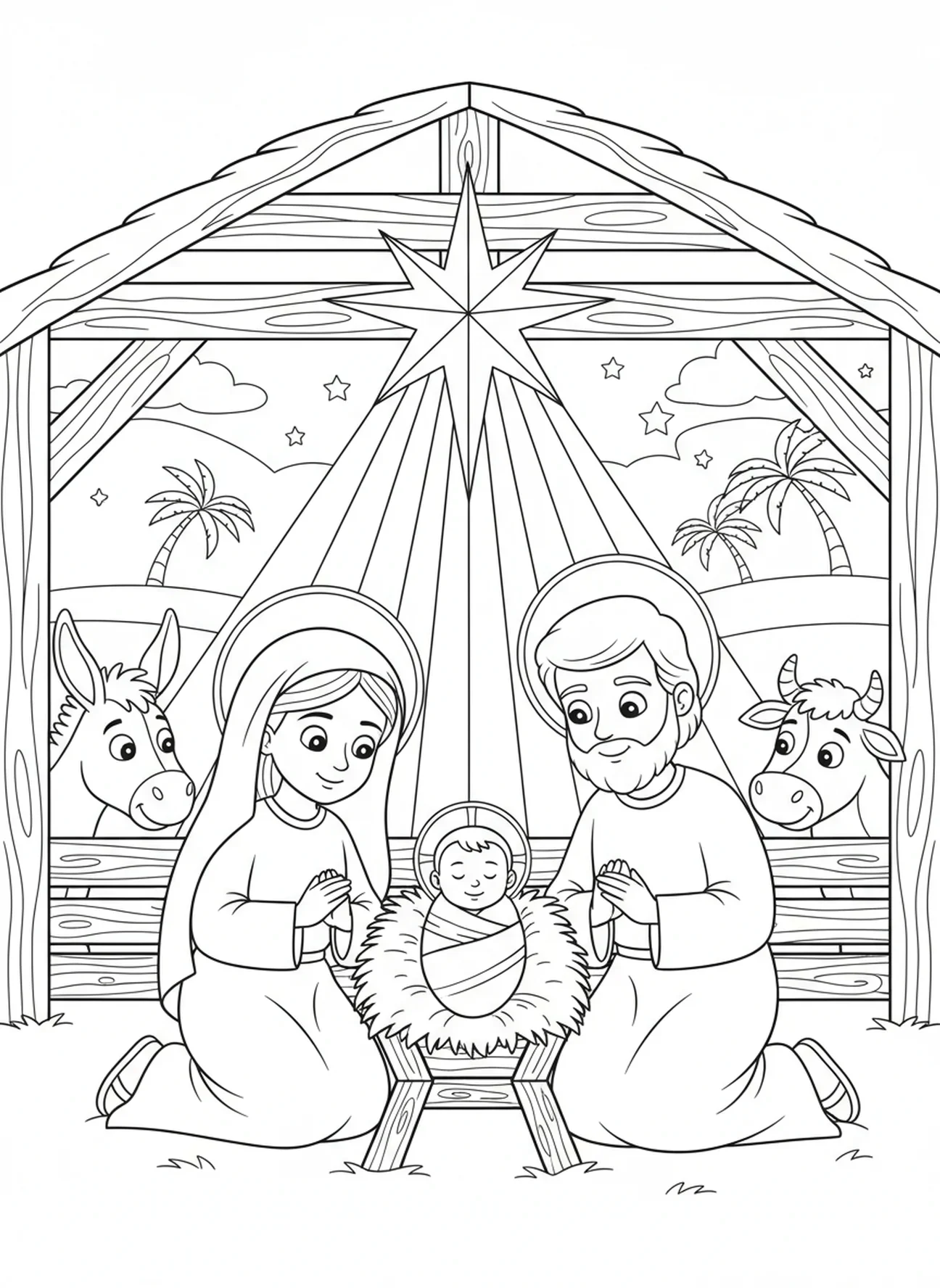 Maria und Josef wachen über Jesus, Ausmalbild zur Geburt Jesu für Kinder im Alter von 5-10 Jahren
