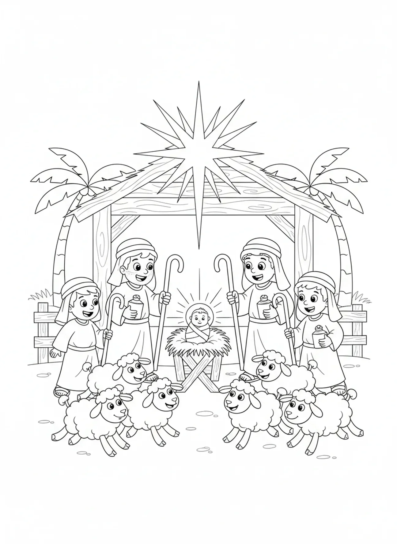 Hirten mit Schafen, Ausmalbild von Baby Jesus in der Krippe für Kinder im Alter von 5-10 Jahren