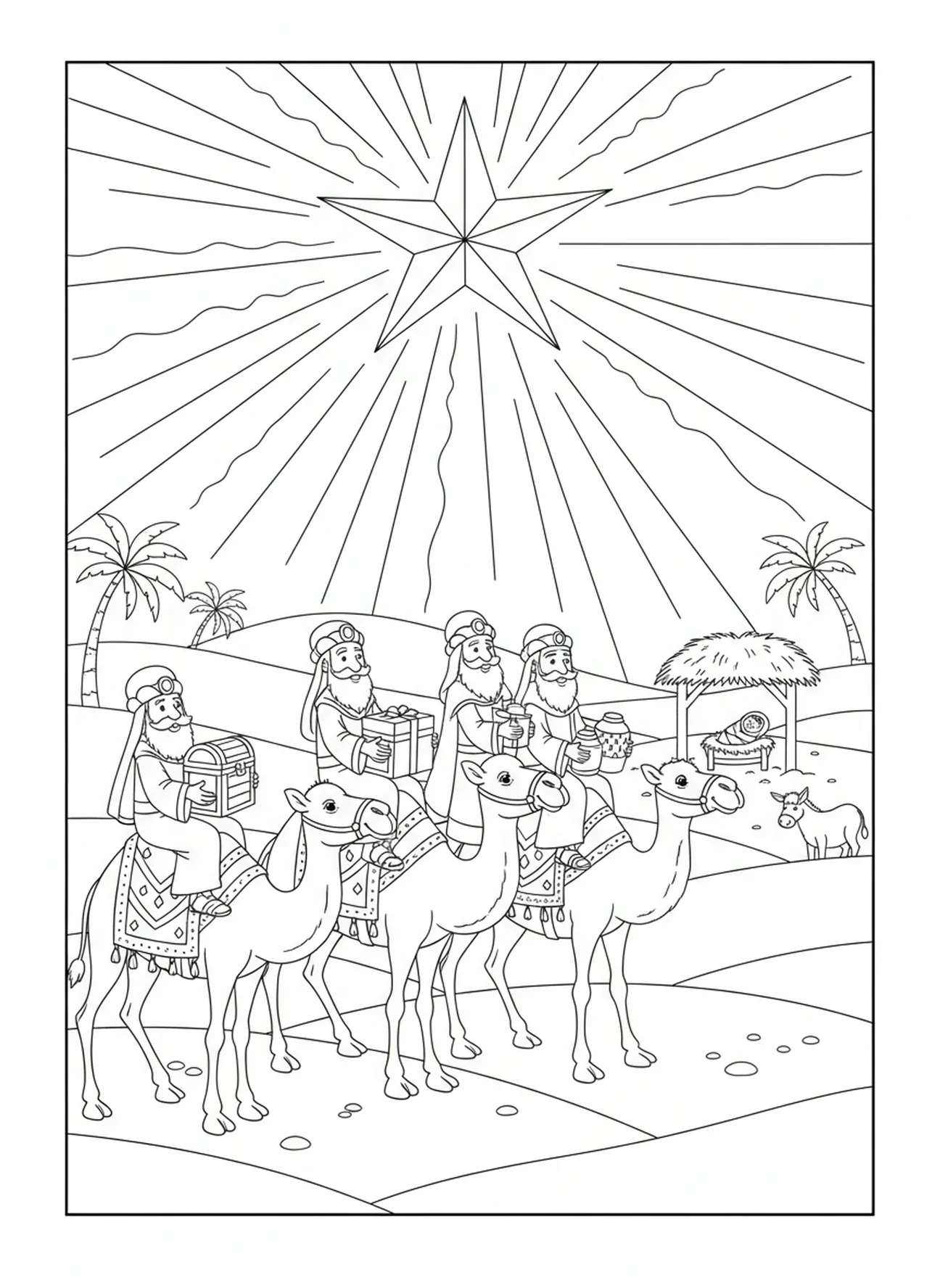 Drei weise Männer auf Kamelen, Ausmalbild der Geburt Jesu in der Krippe für Kinder im Alter von 5-10 Jahren
