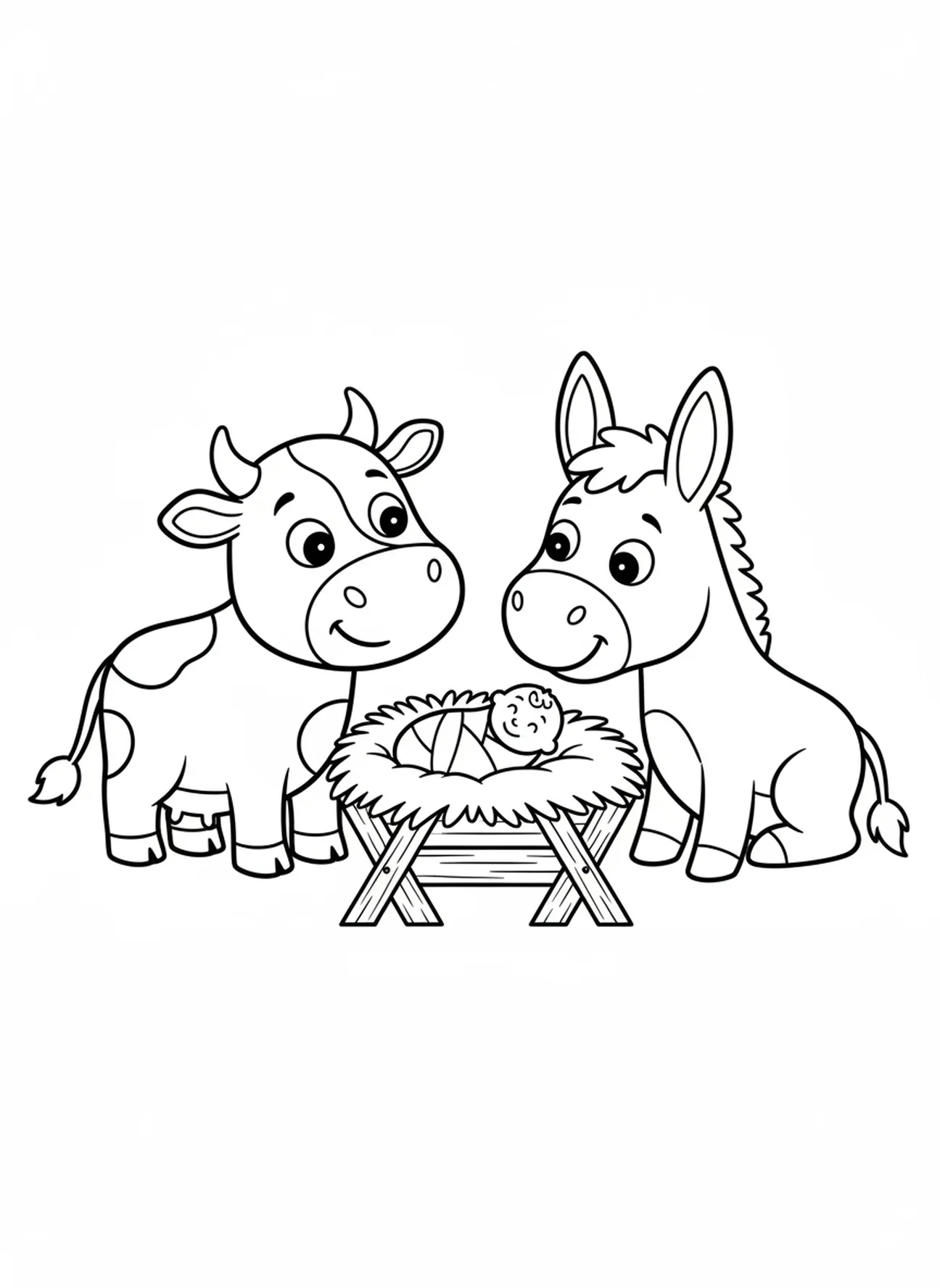 Vaca e jumento, página de colorir do Natal com o Bebê Jesus no presépio para crianças de 3 a 5 anos.
