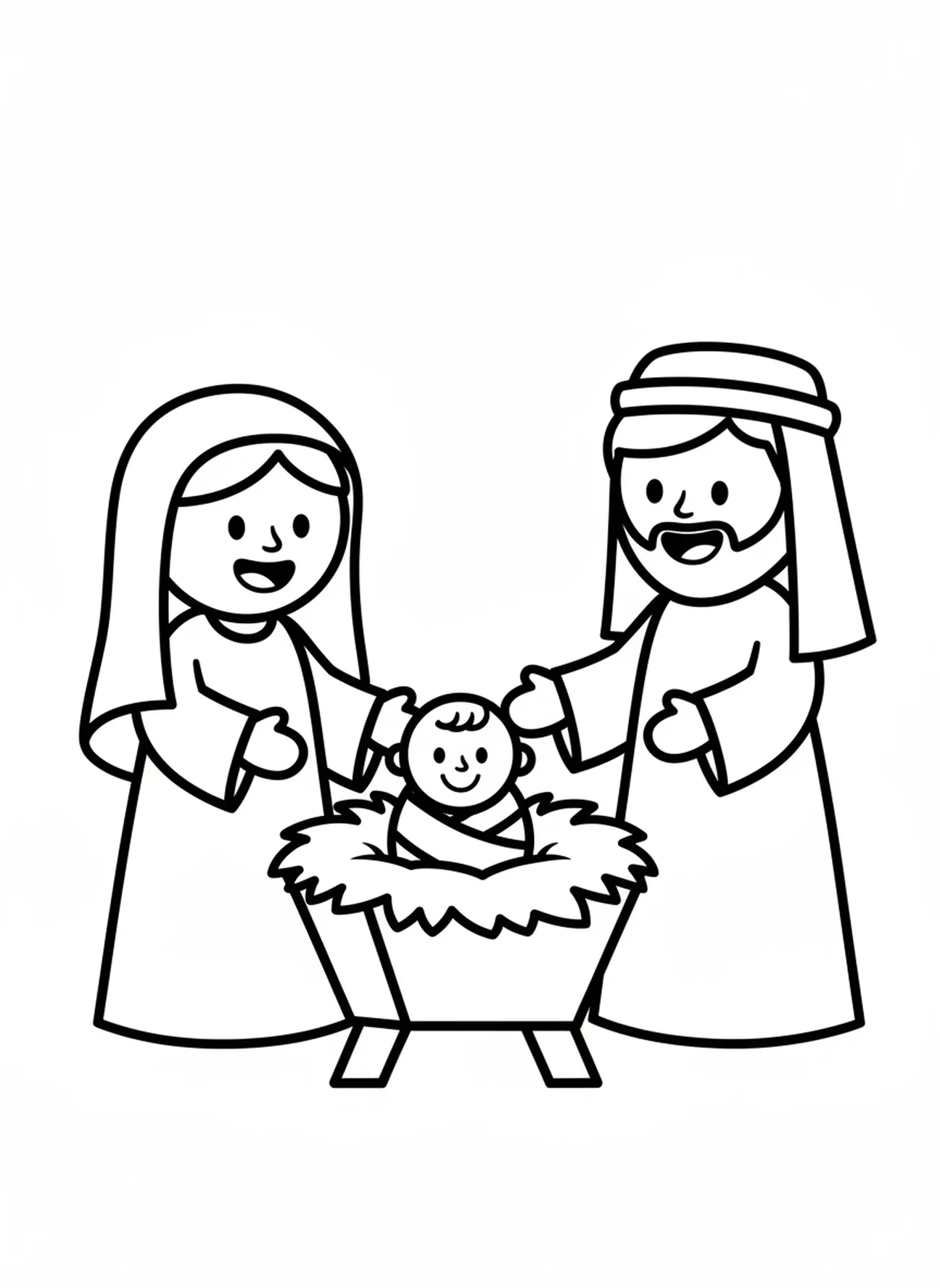 Maria e José, página para colorir do Natal com o Bebê Jesus no estábulo para crianças de 3 a 5 anos.