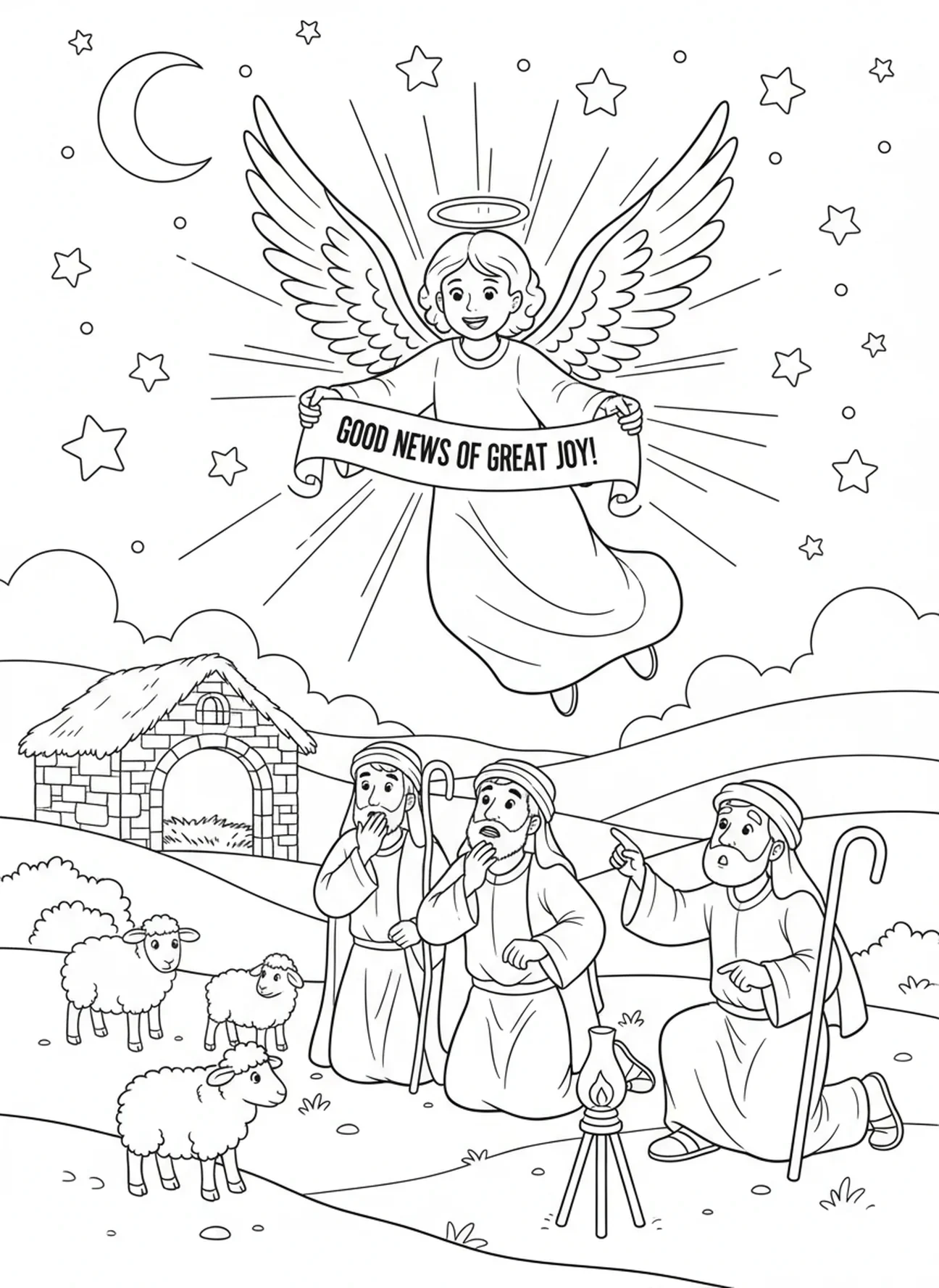 Anjo anunciando o nascimento, página para colorir do Natal do Bebê Jesus na manjedoura para crianças da Escola Dominical de 5 a 12 anos.
