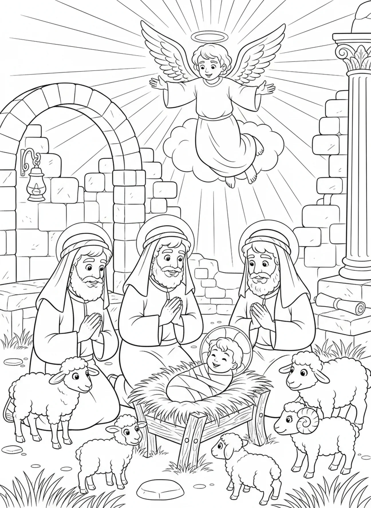 Pastores se ajoelhando, página de colorir do Natal com o Menino Jesus no estábulo para crianças da Escola Dominical de 5 a 12 anos.