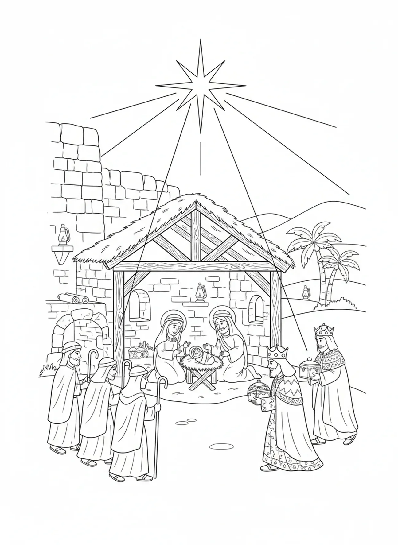 Estrela guia acima, página para colorir do Natal com o Menino Jesus no estábulo para crianças da Escola Dominical de 5 a 12 anos.