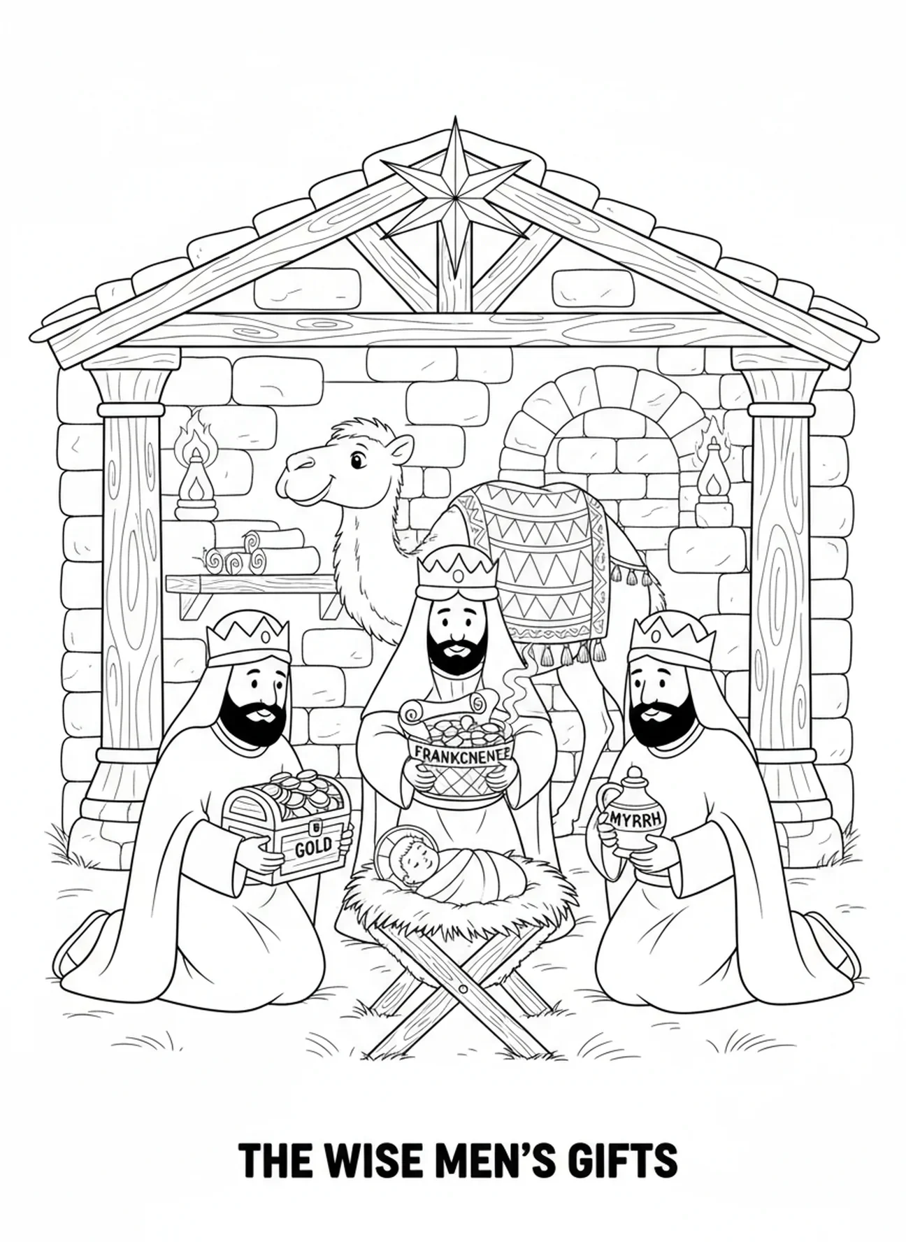 Magi com presentes, página de colorir do Natal do Menino Jesus na manjedoura para crianças da Escola Dominical de 5 a 12 anos.