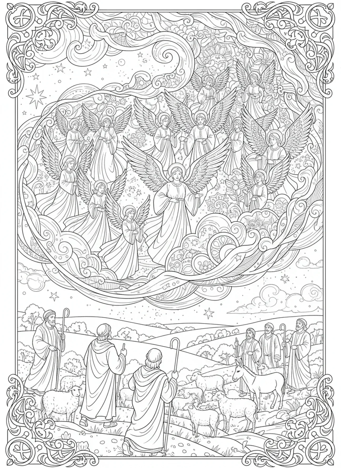 Engel am Himmel, Ausmalbild der Heiligen Familie in der Krippe für Erwachsene im Stil des Bibel-Journalings.