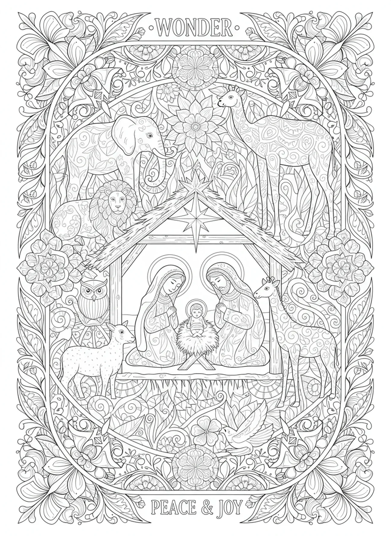 Tiere um die Krippe, Ausmalbild der Heiligen Familie in der Krippe für Erwachsene im Stil des Bibel-Journaling.