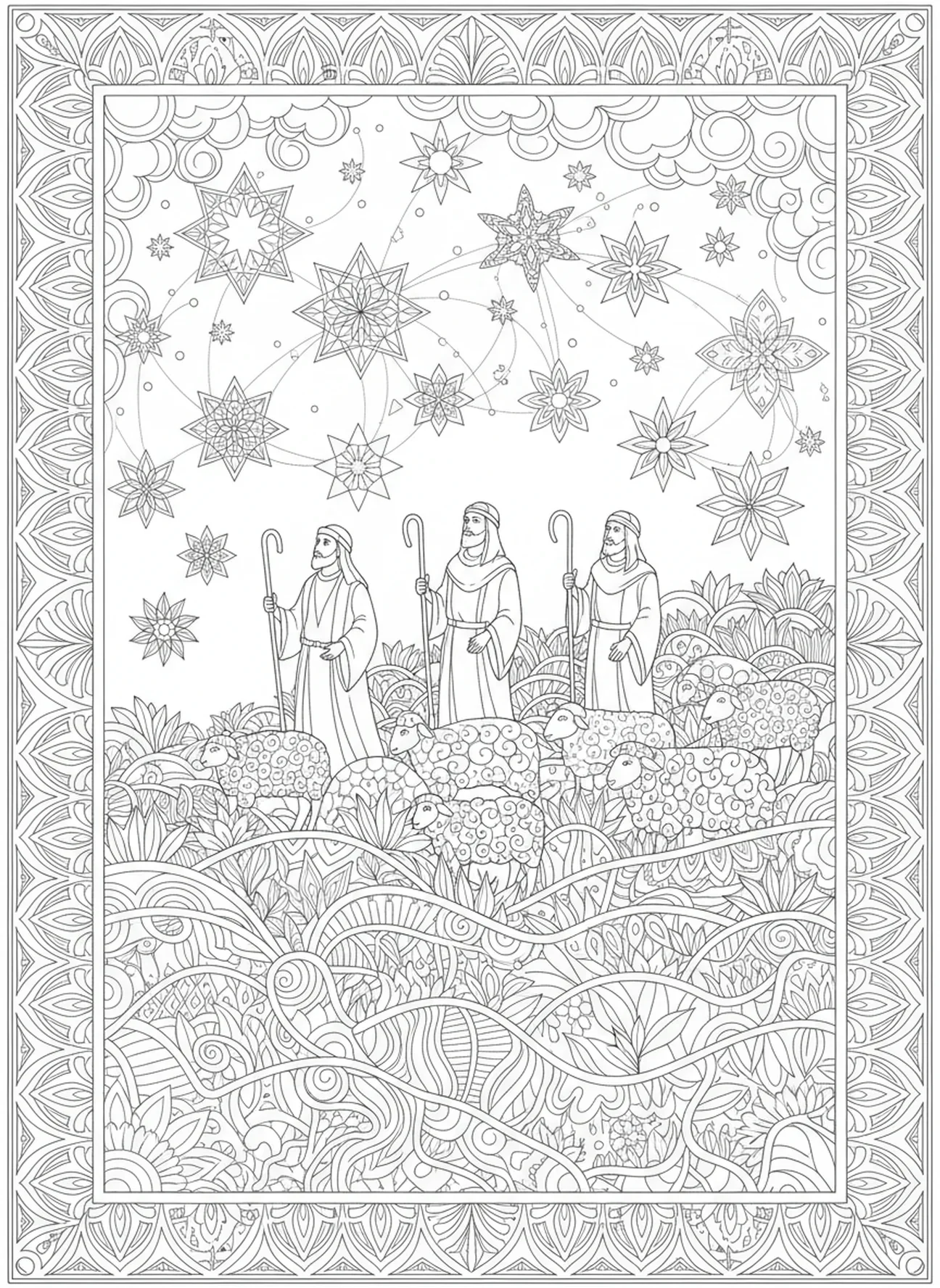 Hirten mit Schafen, Ausmalbild der Heiligen Familie in der Krippe für Erwachsene im Stil des Bibel-Journalings.