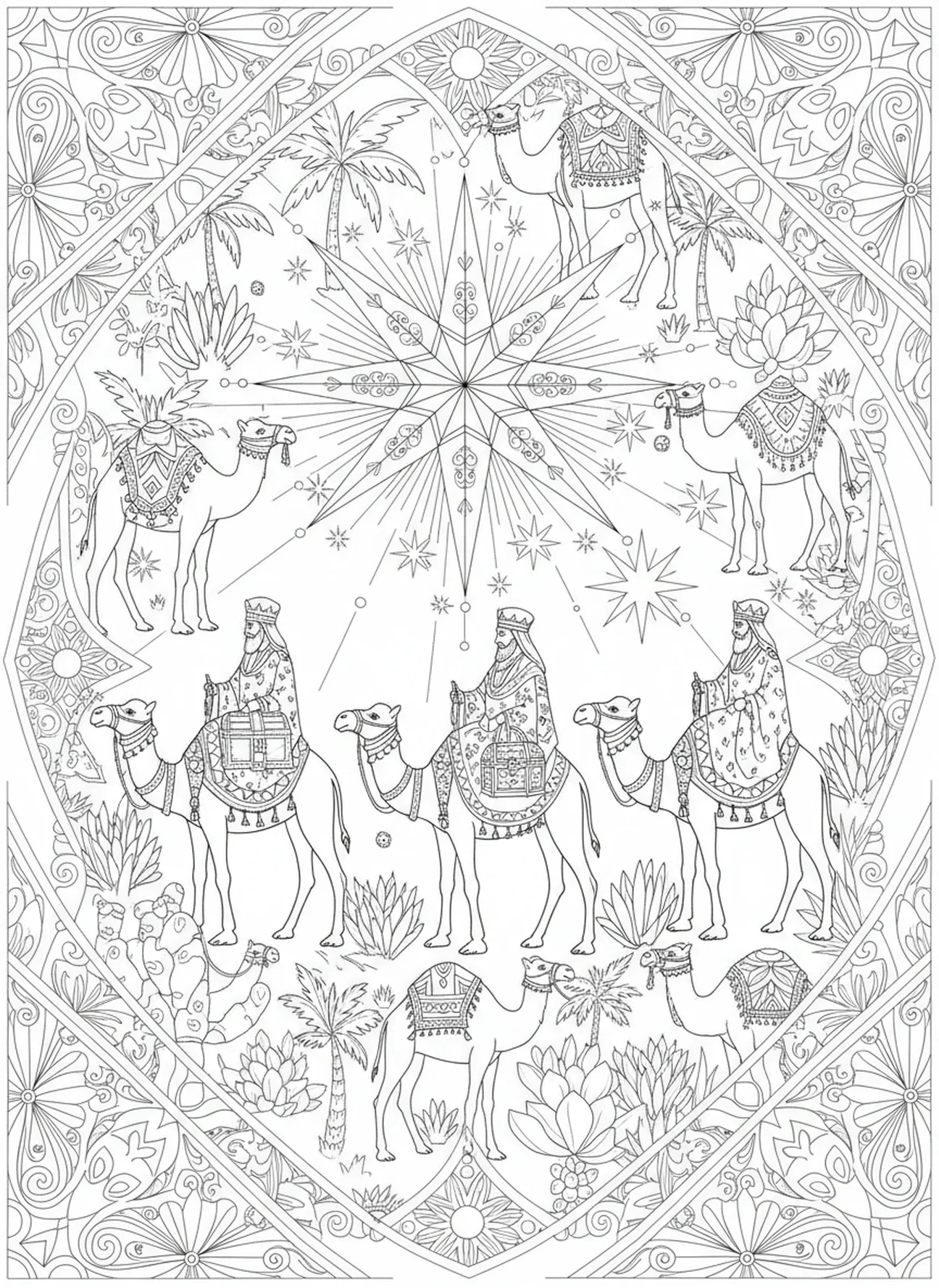 Weise Männer auf Reisen, Ausmalbild der Heiligen Familie in der Krippe für Erwachsene im Bibel-Journaling-Stil.