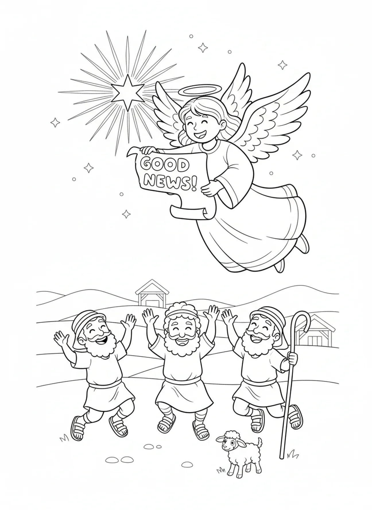 Engel verkündet die Geburt, Ausmalbild der Heiligen Familie in der Krippe für Kinder im Alter von 5-10 Jahren