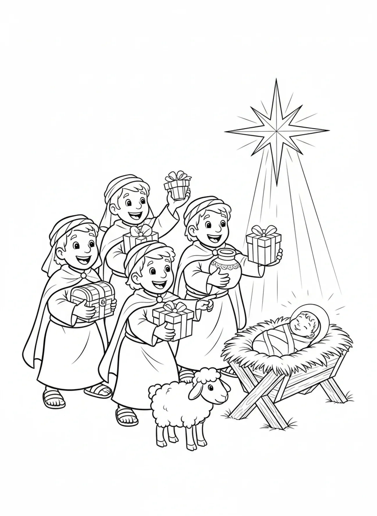Aufgeregte Hirten, Ausmalbild der Heiligen Familie in der Krippe für Kinder im Alter von 5-10 Jahren