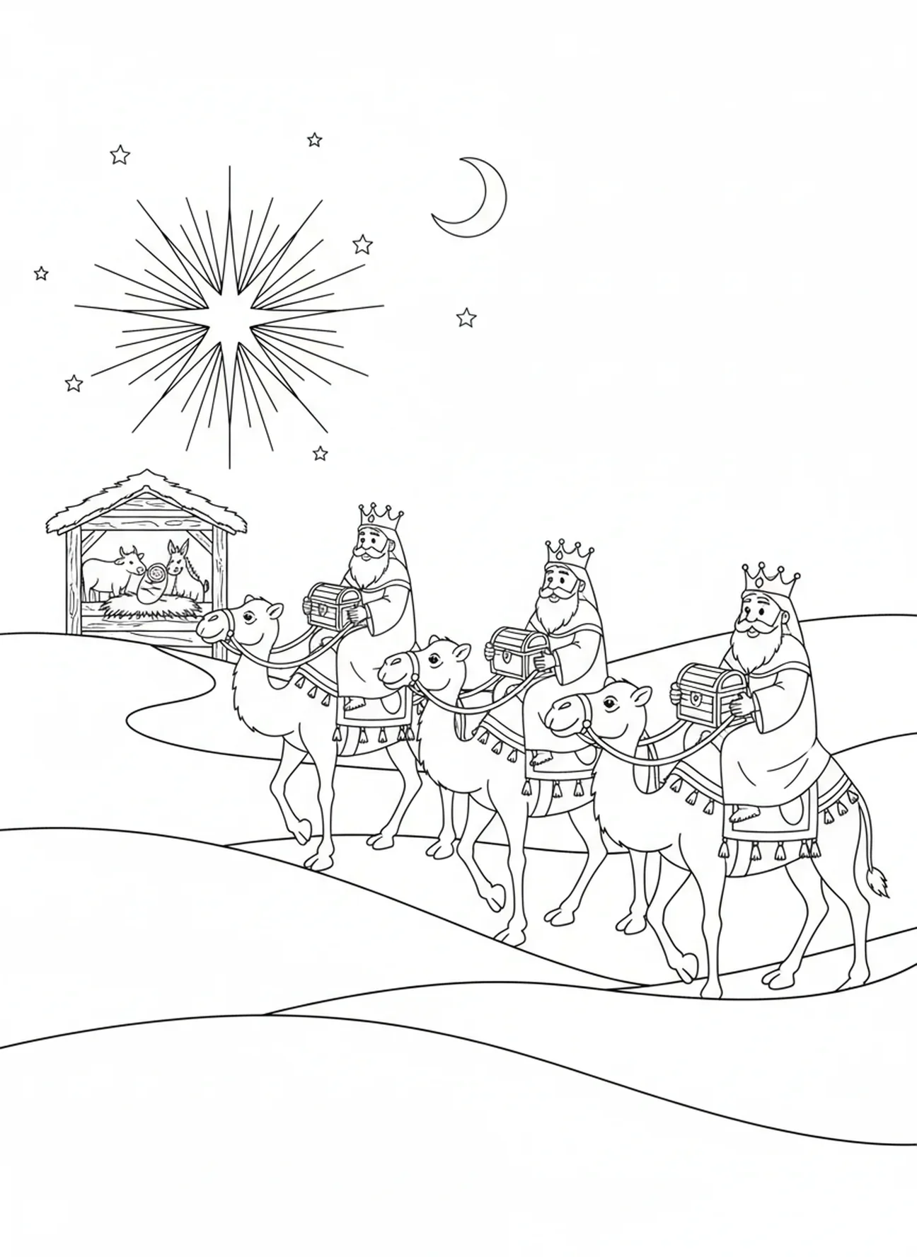 Drei weise Männer auf Kamelen, Ausmalbild der Heiligen Familie in der Krippe für Kinder im Alter von 5-10 Jahren
