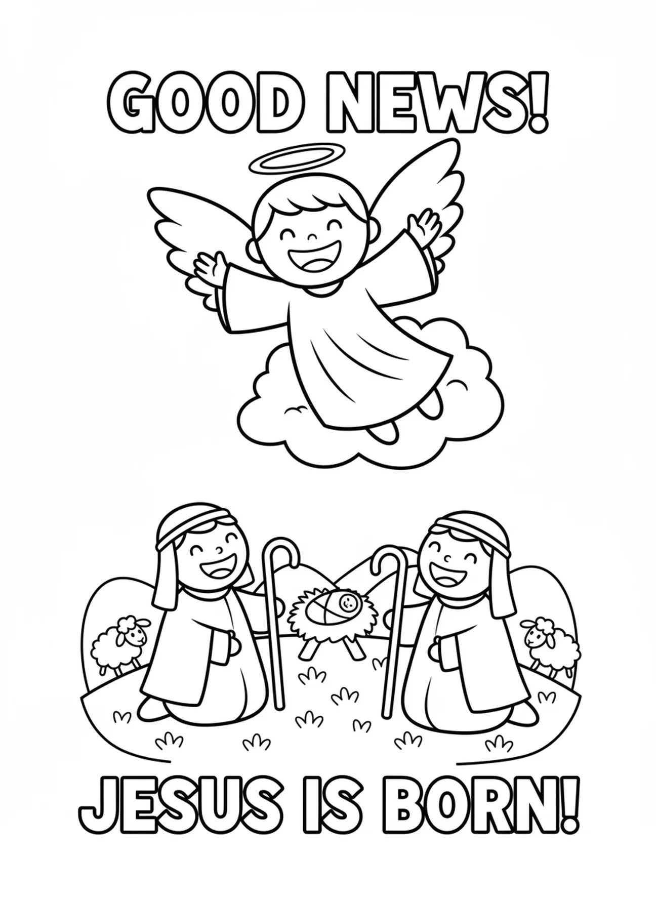 Lächelnder Engel über den Hirten, Ausmalbild der Heiligen Familie in der Krippe für Vorschulkinder im Alter von 3-5 Jahren.