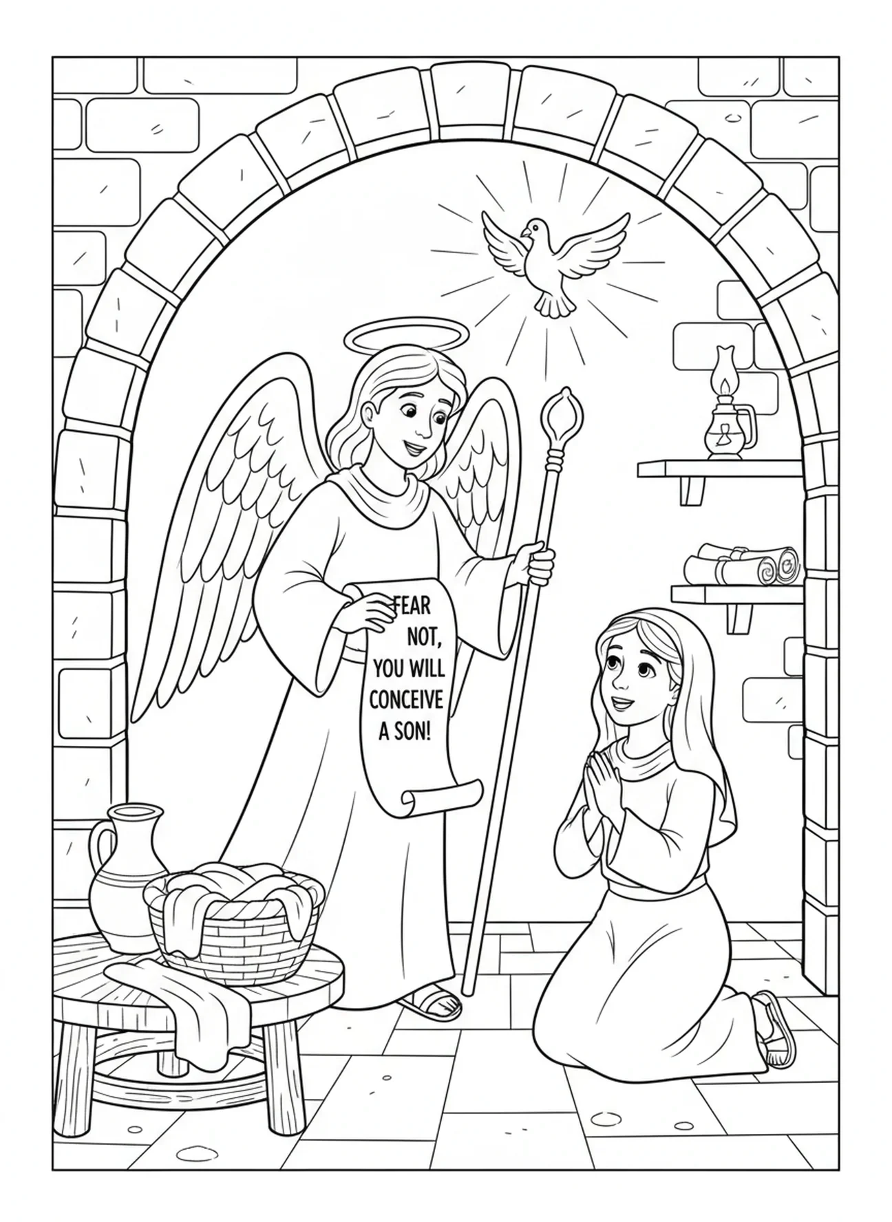 Ángel anunciando a María, página para colorear de la Sagrada Familia en el establo para niños de Escuela Dominical de 5 a 12 años