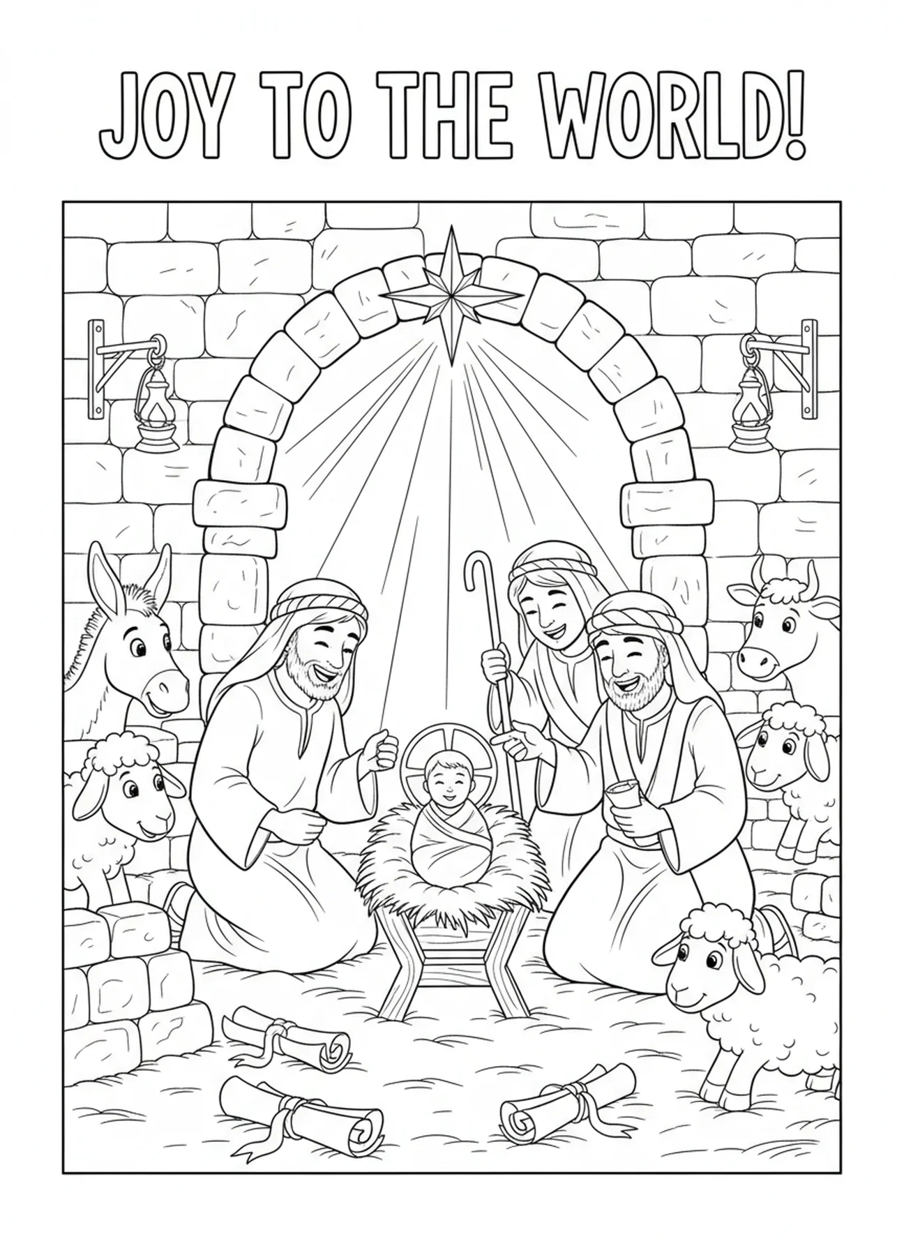 Pastores admirando al niño Jesús, página para colorear de la Sagrada Familia en el establo para niños de Escuela Dominical de 5 a 12 años