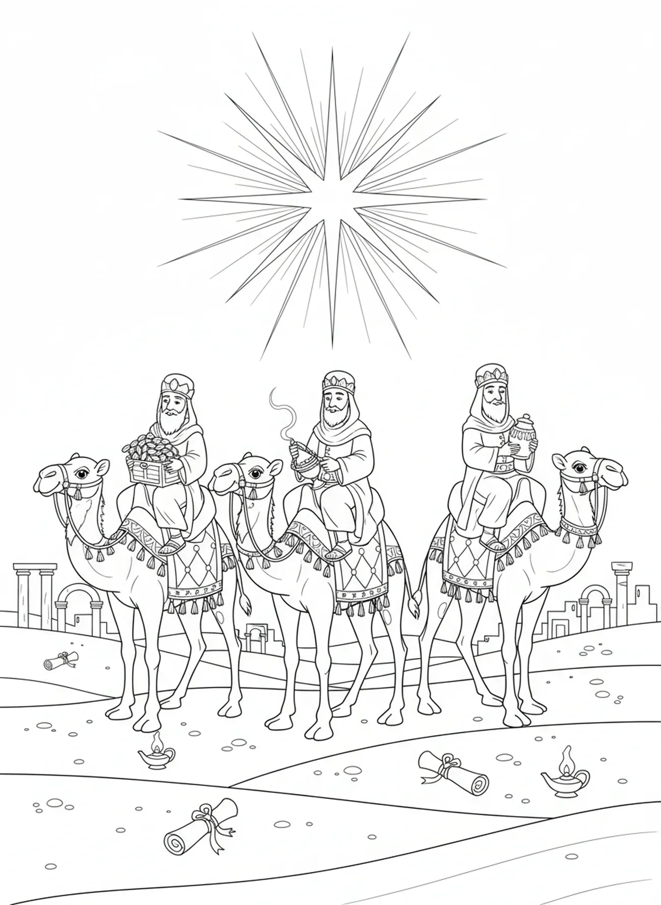 Tres Reyes Magos en camellos, página para colorear de la Sagrada Familia en el establo para niños de Escuela Dominical de 5 a 12 años