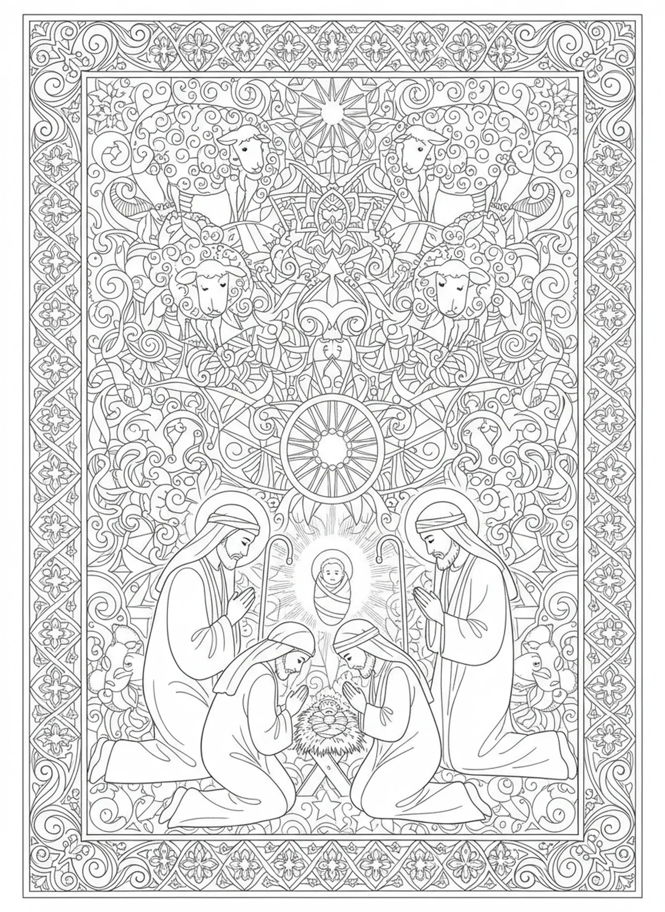 Hirten knien vor dem Baby Jesus, Krippe Maria Josef Kein Platz Ausmalbild für Erwachsene im Bibel-Journaling-Stil.