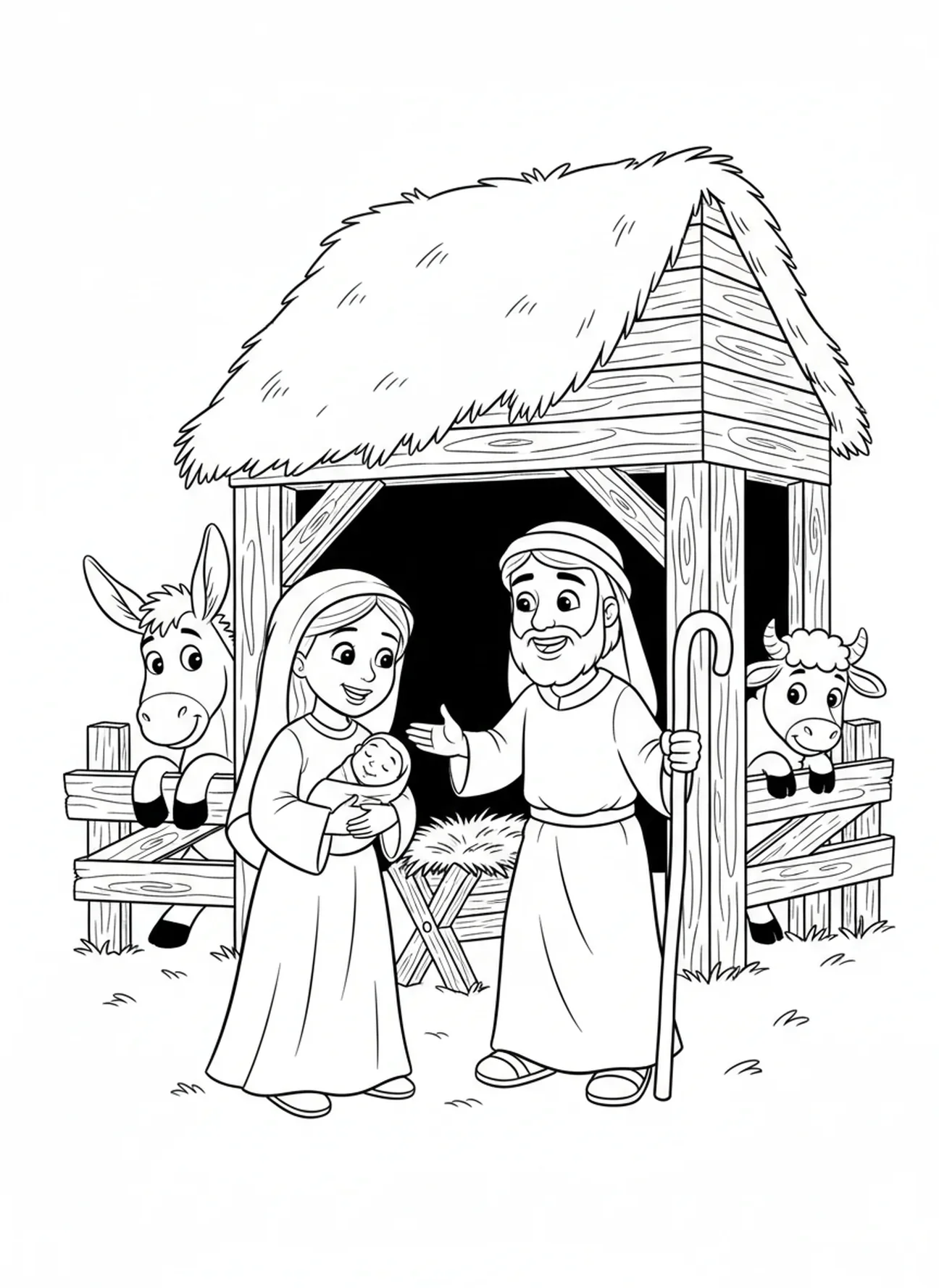 Maria und Josef im Stall, Krippe Maria Josef Kein Platz Ausmalbild für Kinder im Alter von 5-10 Jahren