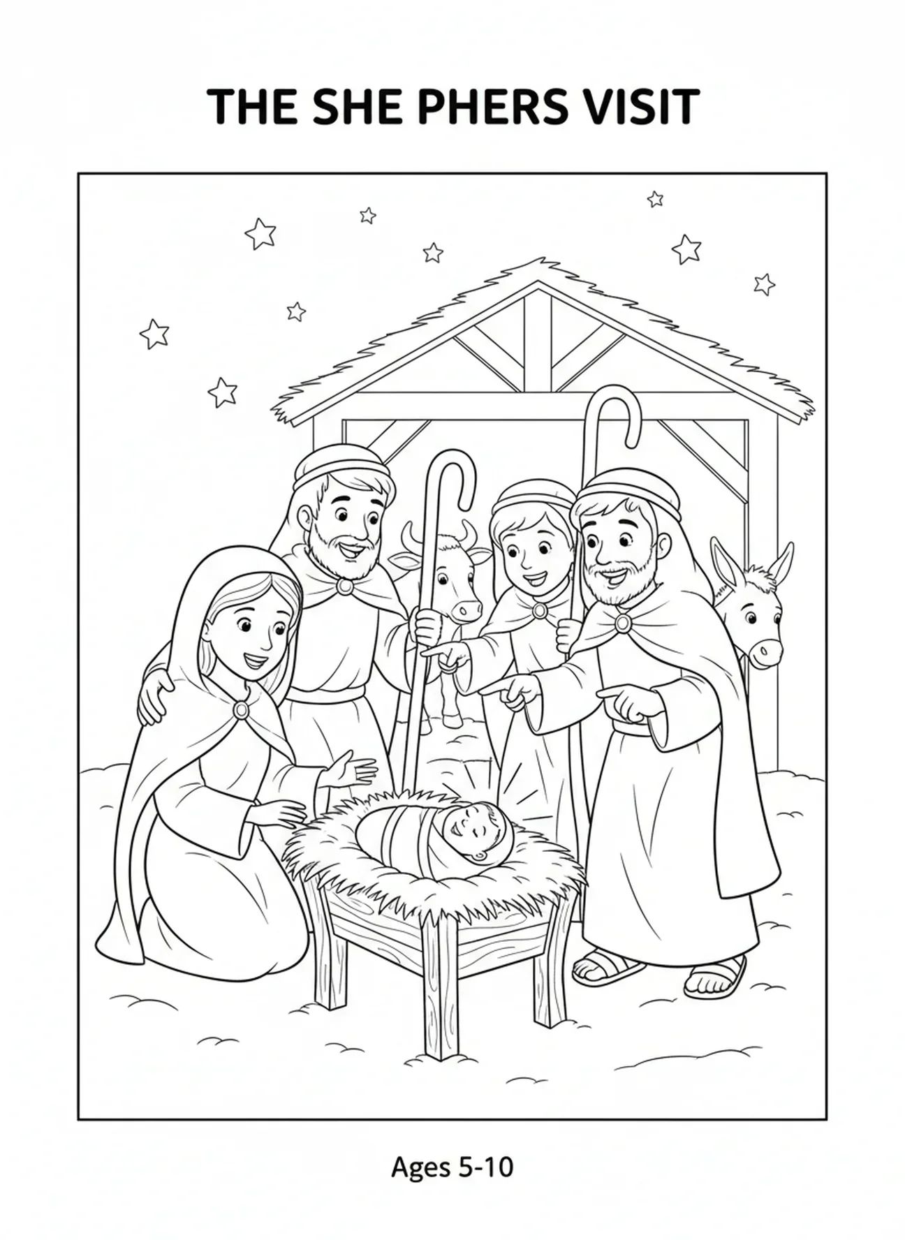 Hirten nähern sich der Krippe, Geburt von Maria und Josef, kein Platz Ausmalbild für Kinder im Alter von 5-10 Jahren