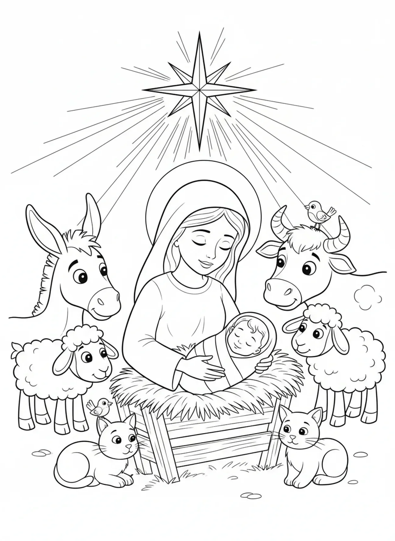 Maria legt das Baby in die Krippe, Weihnachtsgeschichte Maria Josef Kein Platz Ausmalbild für Kinder im Alter von 5-10 Jahren
