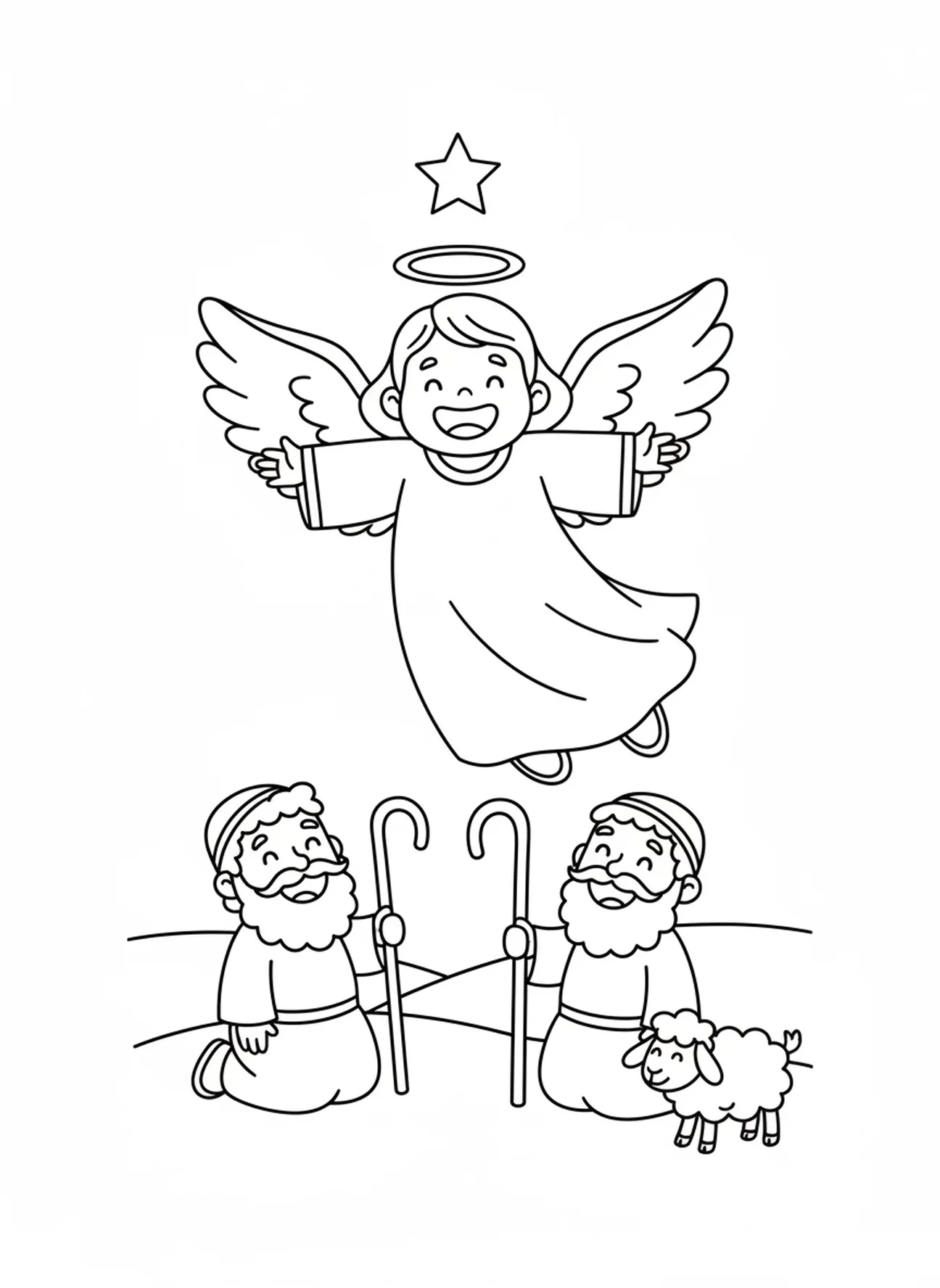 Anjo alegre aparecendo, Maria e José na Natividade, página para colorir sobre a falta de espaço para crianças de 3 a 5 anos