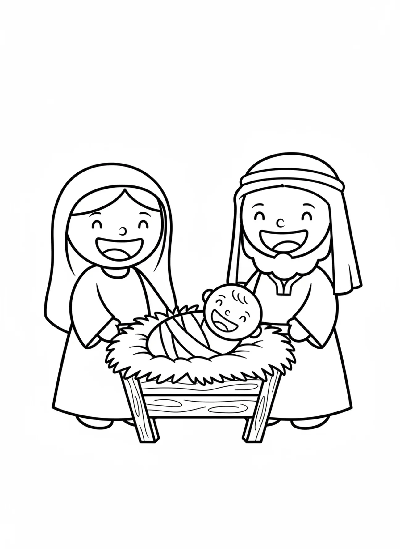 Bebê Jesus sorridente, página para colorir da Natividade com Maria e José sem lugar para ficar, para crianças de 3 a 5 anos