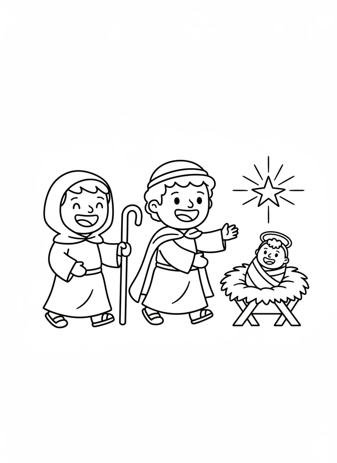 Pastores alegres se aproximando, desenho para colorir da Natividade com Maria e José sem lugar para ficar, para crianças de 3 a 5 anos