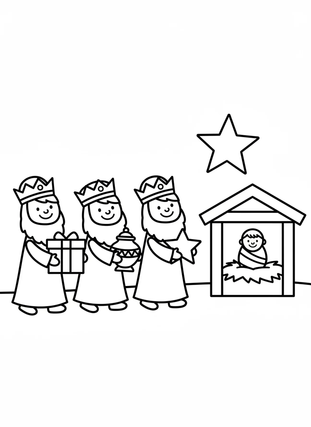 Três reis magos com presentes, colorindo a cena da Natividade com Maria e José, sem lugar, para crianças de 3 a 5 anos
