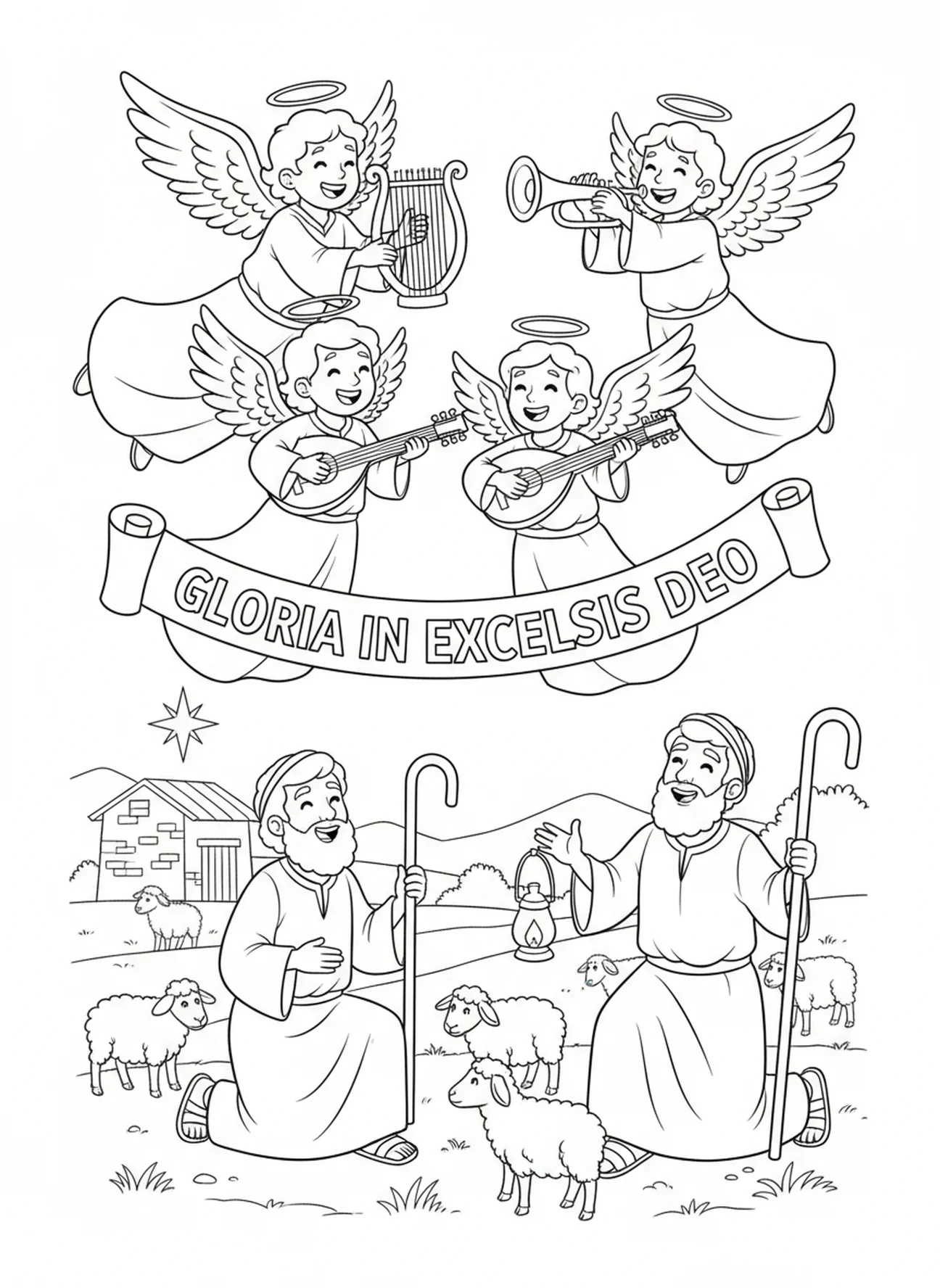 Ángeles anunciando a los pastores, página para colorear de la Natividad de María y José sin lugar para ellos, para niños de 5 a 12 años en la Escuela Dominical.