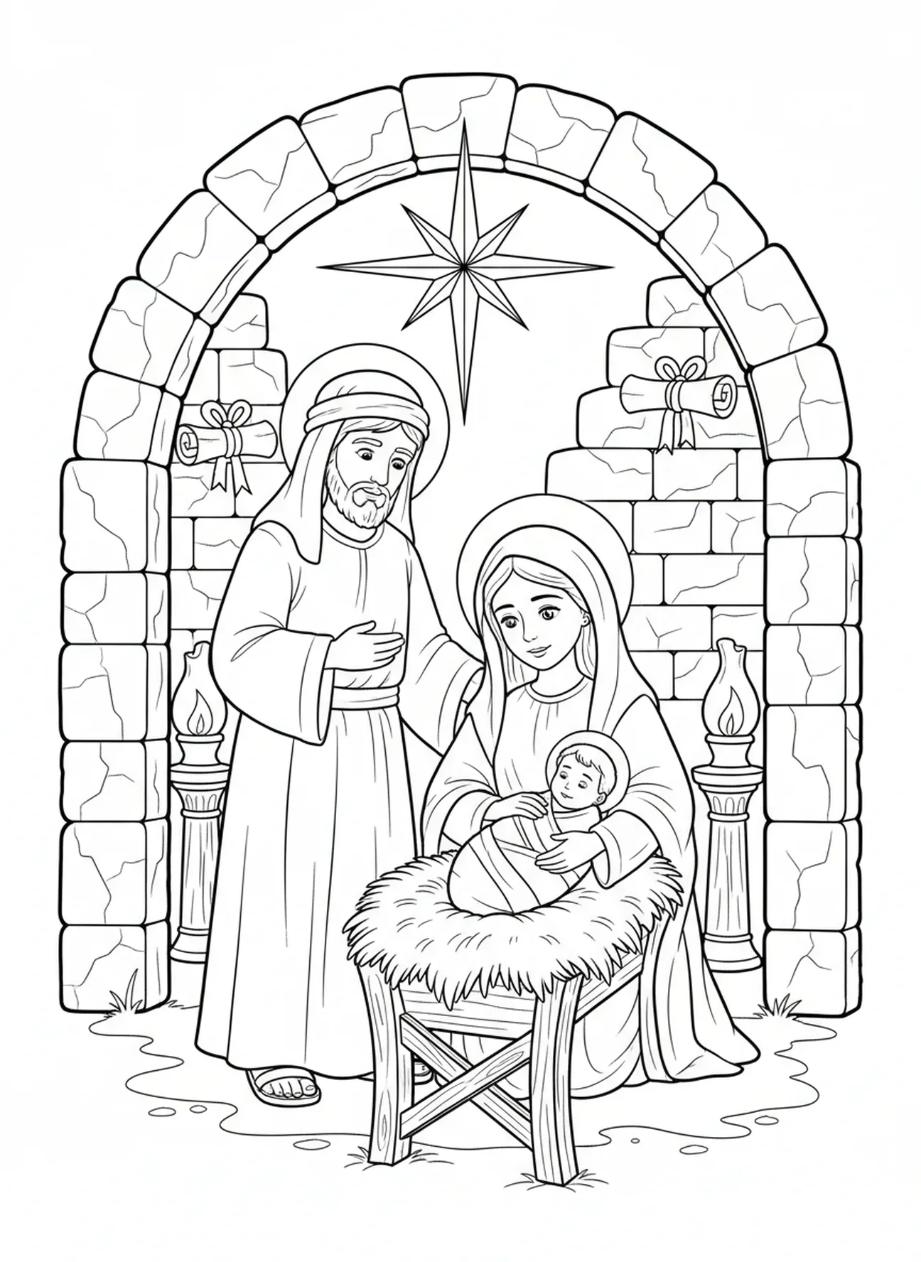El Niño Jesús en el pesebre, coloring page de la Natividad para niños de Escuela Dominical de 5 a 12 años.