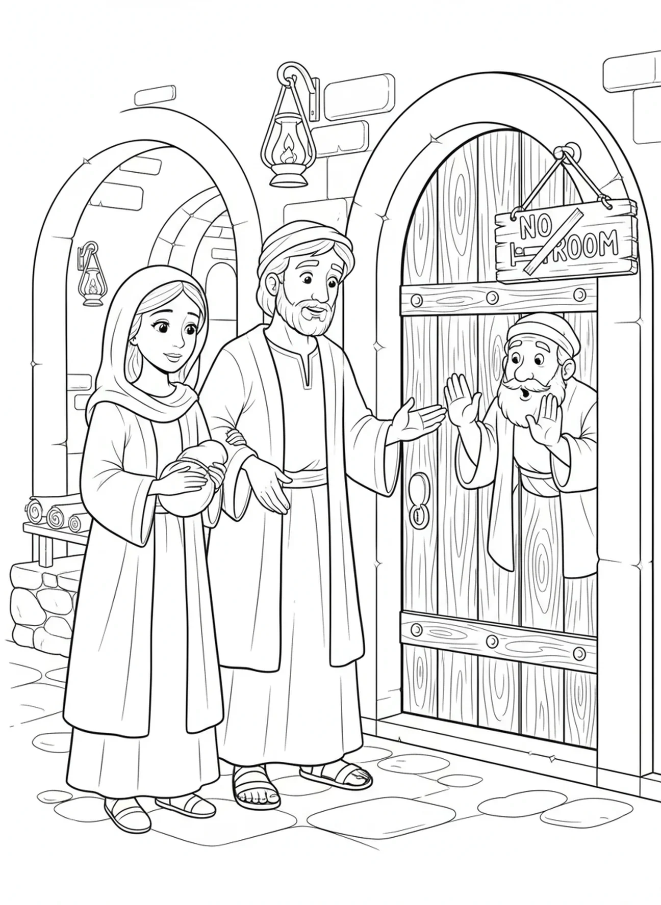 María y José en la posada, página para colorear de la Natividad de María y José Sin Lugar para niños de Escuela Dominical de 5 a 12 años.