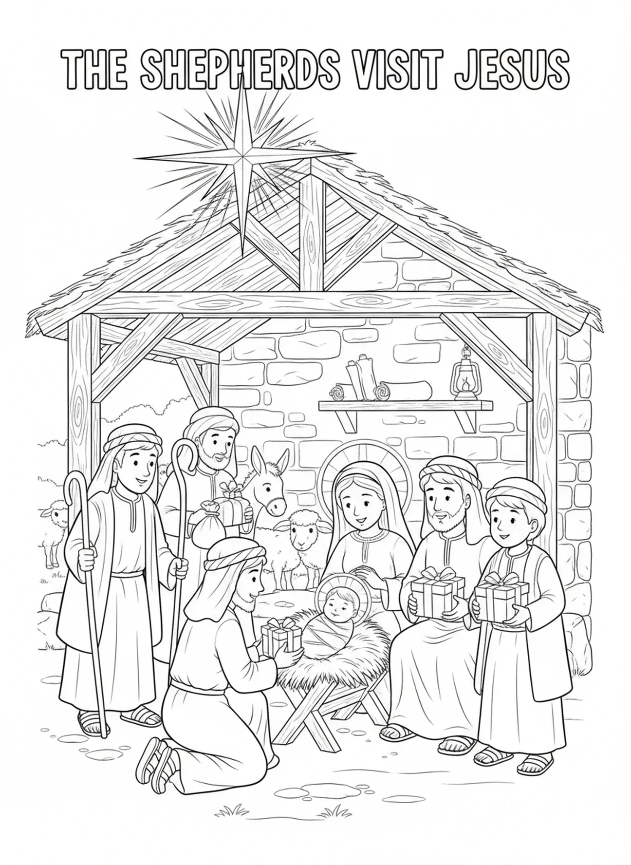 Pastores visitando al bebé Jesús, página para colorear de la Natividad con María y José, sin lugar, para niños de Escuela Dominical de 5 a 12 años.