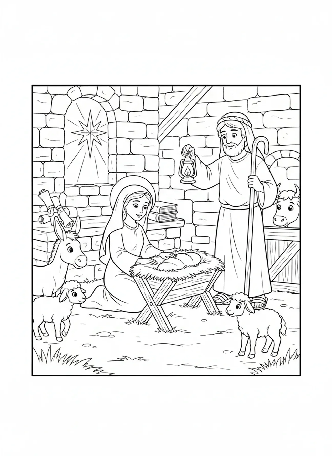 Establo en Belén, página para colorear de la Natividad de María y José sin lugar para el nacimiento, para niños de Escuela Dominical de 5 a 12 años.