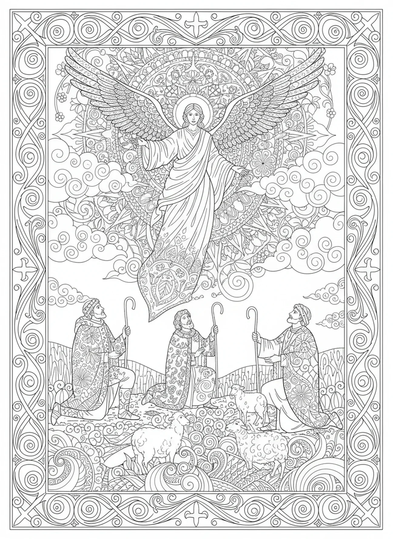 Engel kündigt Geburt an, Krippe Hirten finden Jesus Ausmalbild für Erwachsene im Bibel-Journaling-Stil.