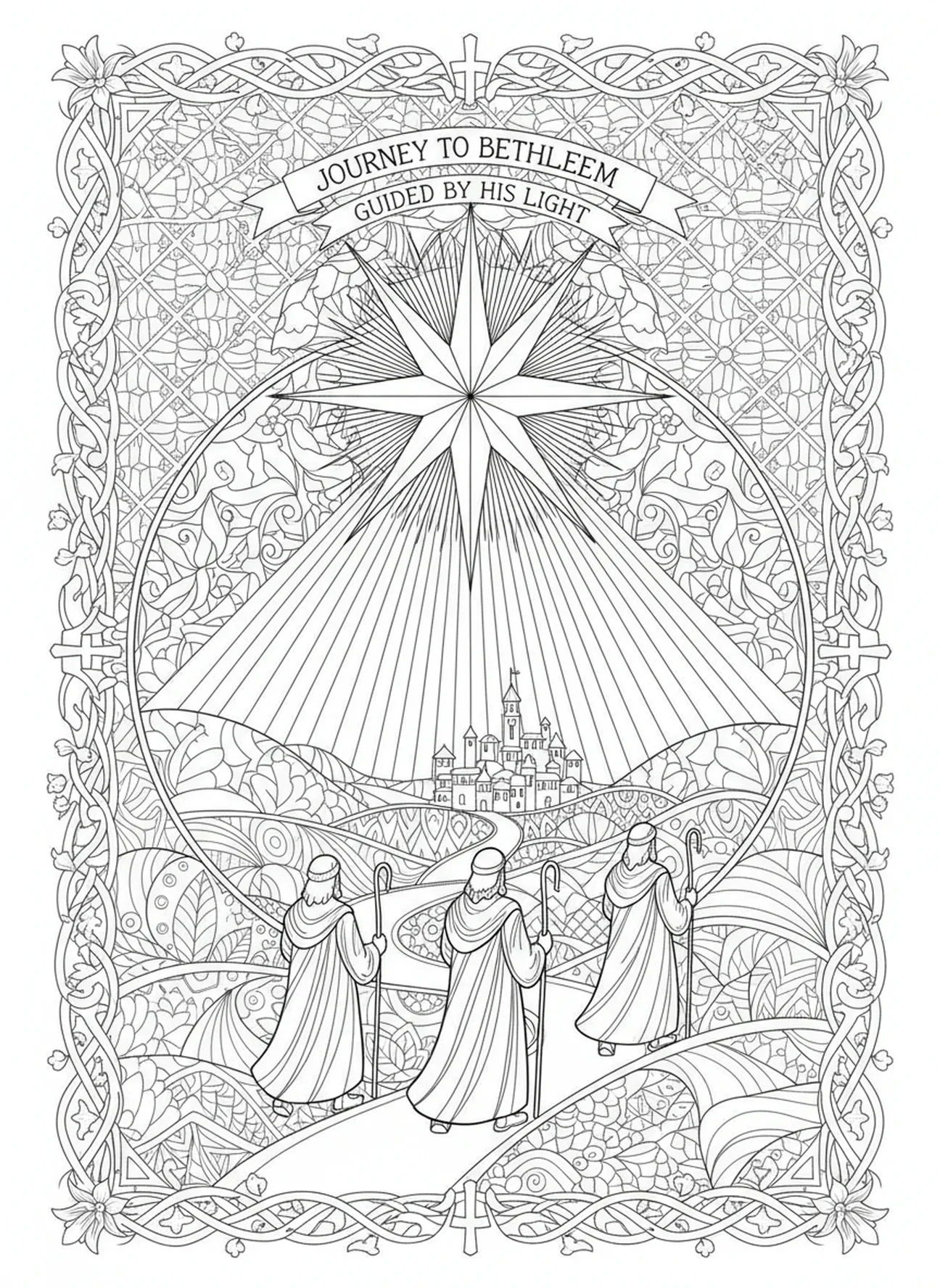 Hirten auf dem Weg nach Bethlehem, Ausmalbild für Erwachsene im Bibel-Journaling-Stil: Hirten finden Jesus.