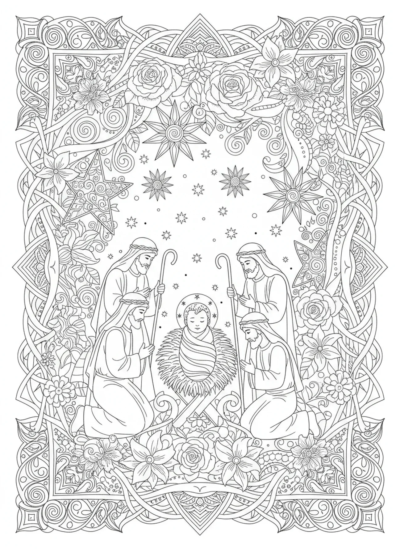 Das Jesuskind in der Krippe, Ausmalbild für Erwachsene mit den Hirten, die Jesus finden, im Stil des Bibel-Journaling.